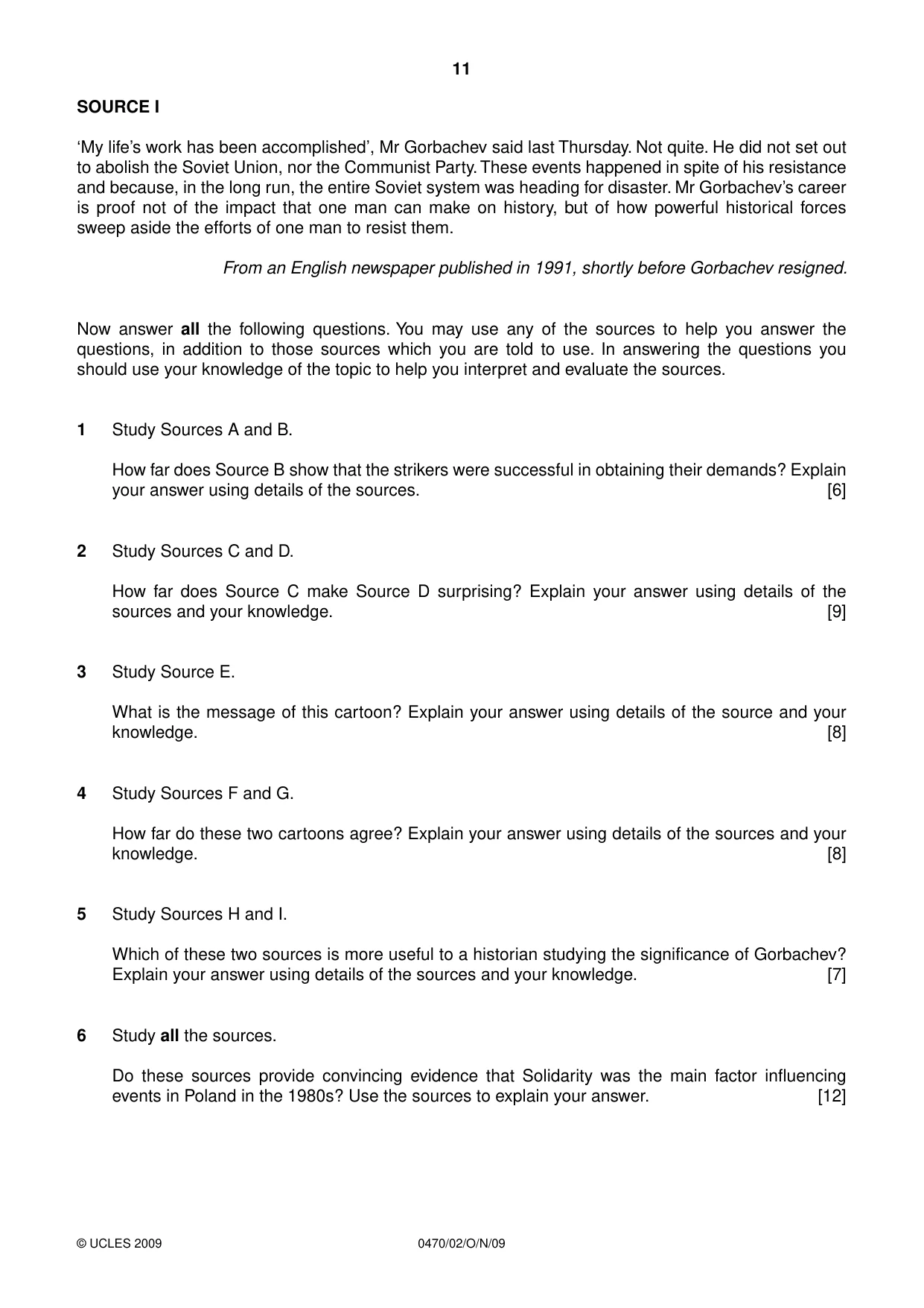 Cambridge IGCSE History 0470 2009 Oct/Nov Paper 2 · Variant 1 question paper, page 11 of 12