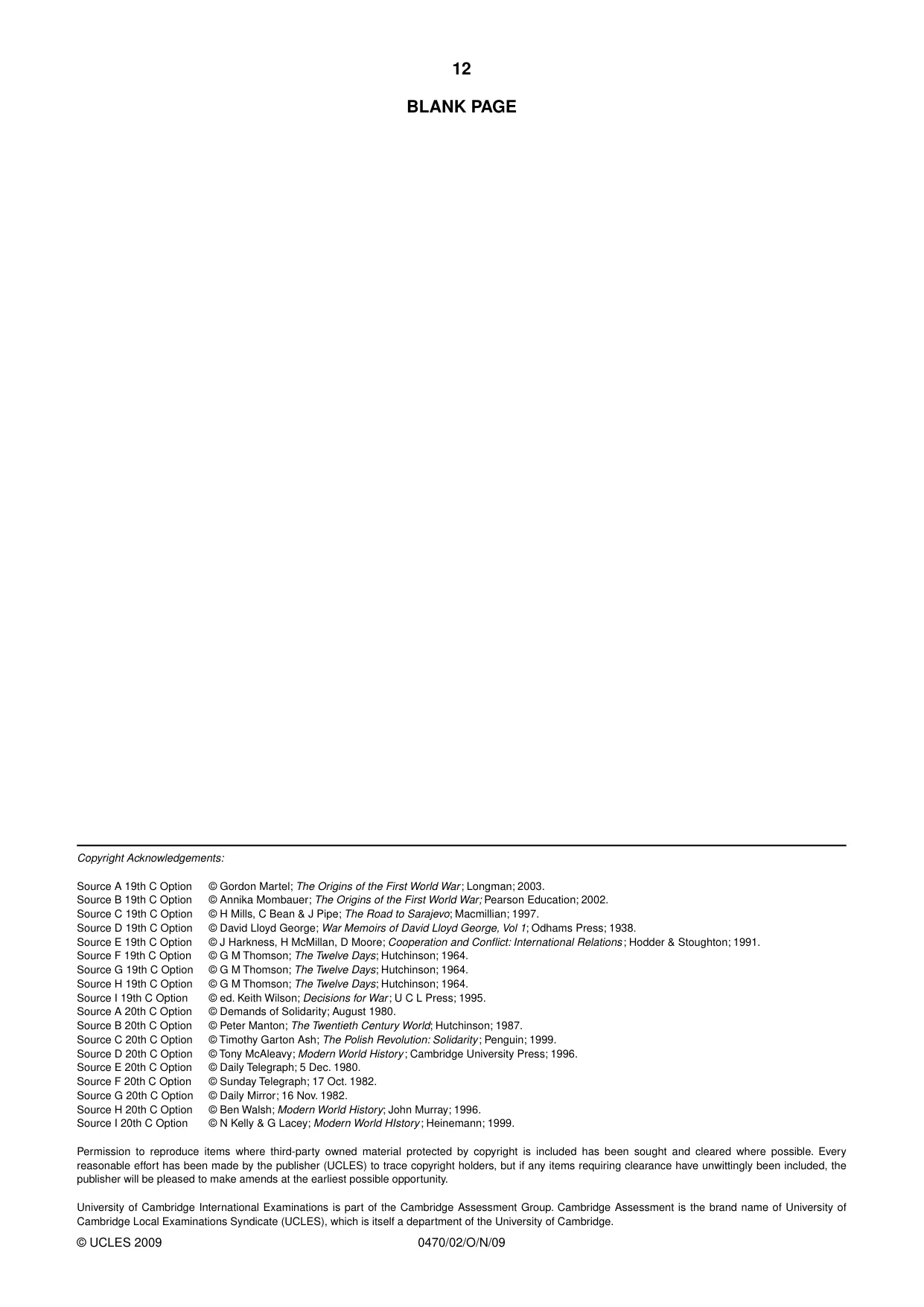 Cambridge IGCSE History 0470 2009 Oct/Nov Paper 2 · Variant 1 question paper, page 12 of 12