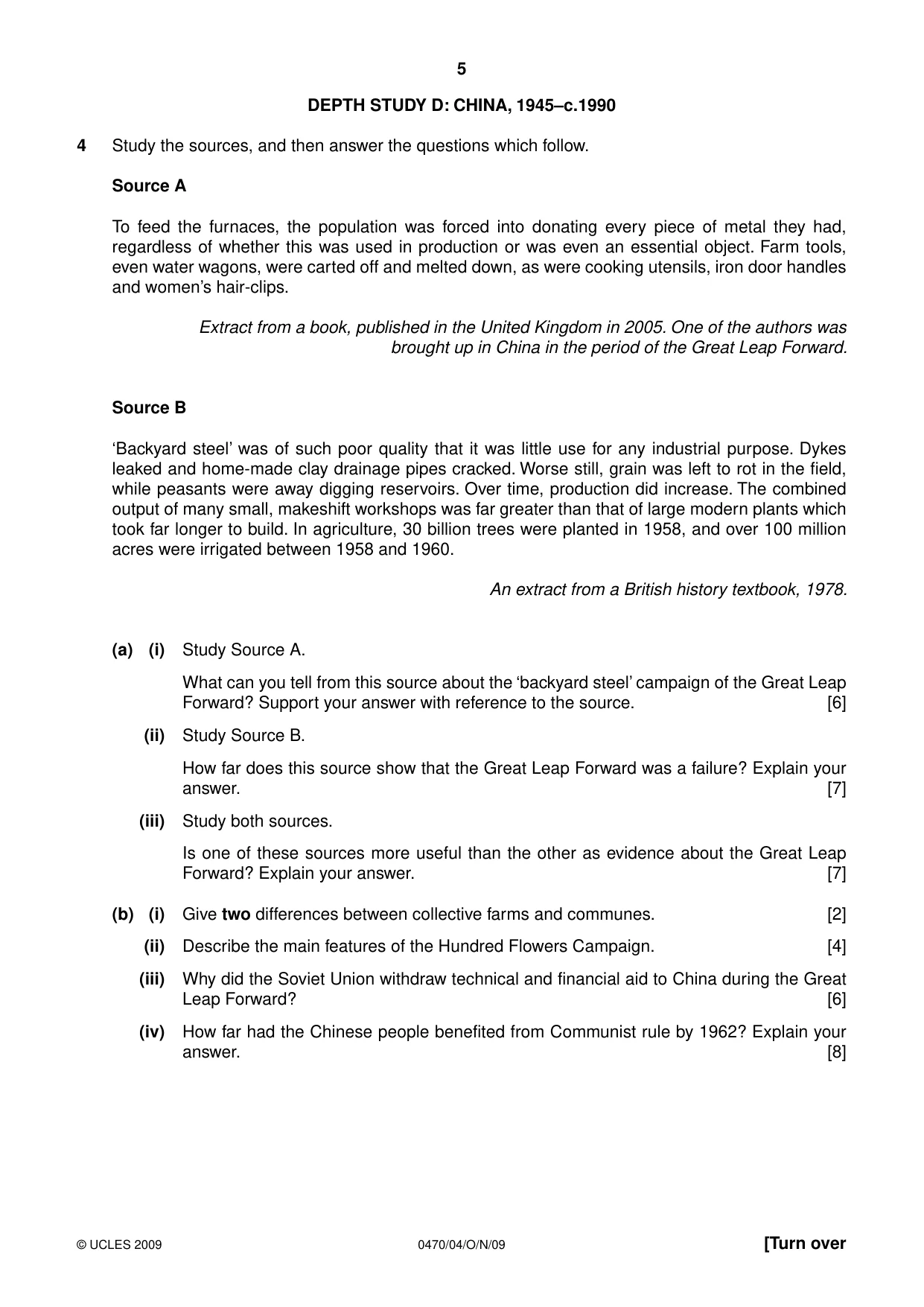 Cambridge IGCSE History 0470 2009 Oct/Nov Paper 4 · Variant 1 question paper, page 5 of 12