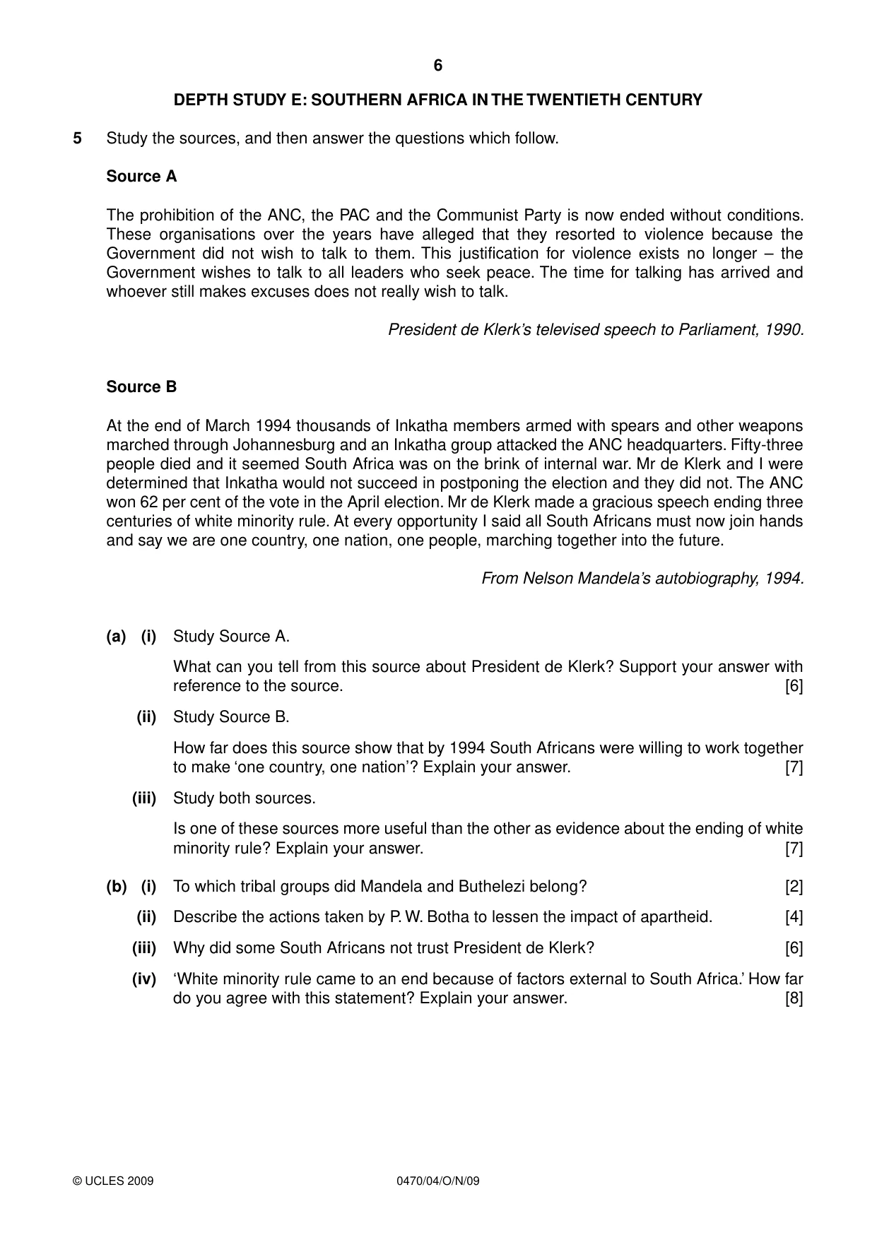 Cambridge IGCSE History 0470 2009 Oct/Nov Paper 4 · Variant 1 question paper, page 6 of 12