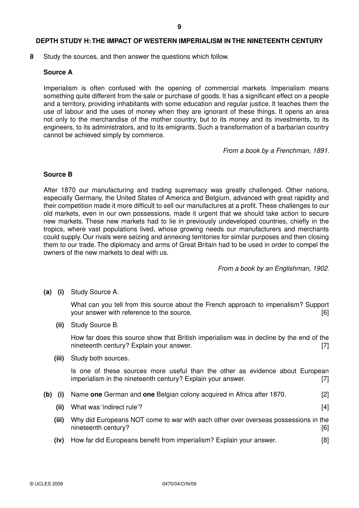 Cambridge IGCSE History 0470 2009 Oct/Nov Paper 4 · Variant 1 question paper, page 9 of 12