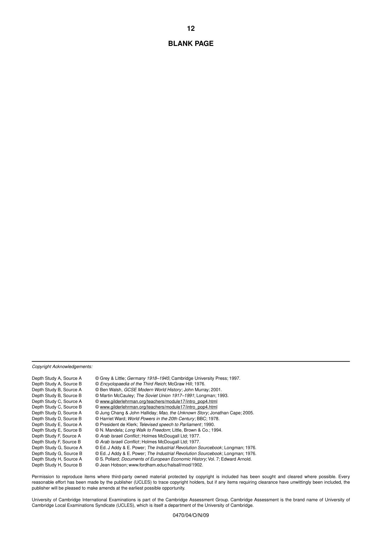 Cambridge IGCSE History 0470 2009 Oct/Nov Paper 4 · Variant 1 question paper, page 12 of 12