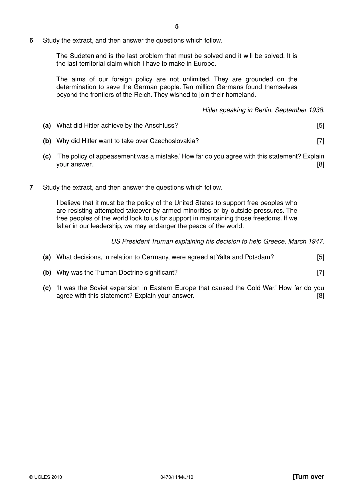Cambridge IGCSE History 0470 2010 May/June Paper 1 · Variant 1 question paper, page 5 of 16