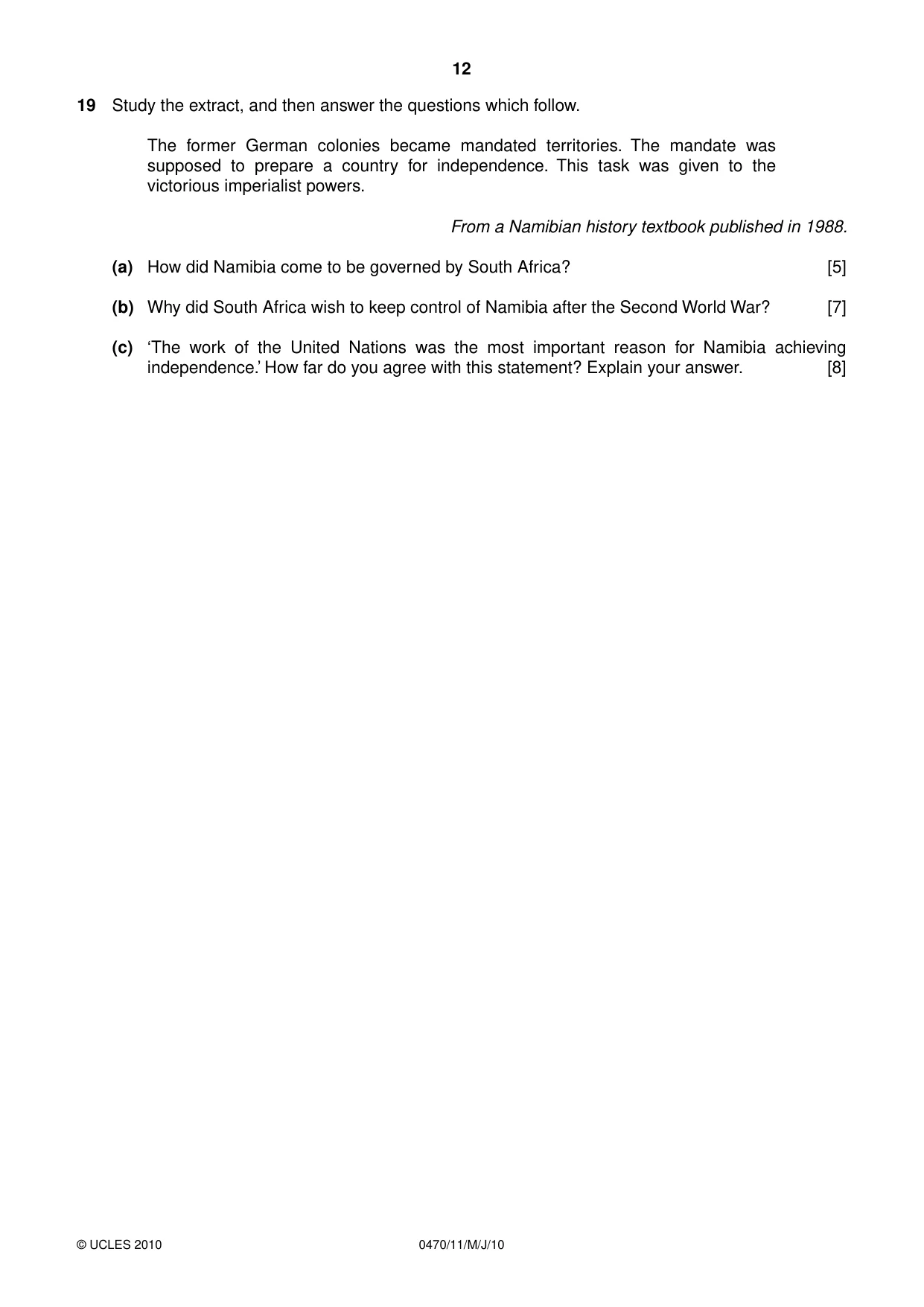 Cambridge IGCSE History 0470 2010 May/June Paper 1 · Variant 1 question paper, page 12 of 16
