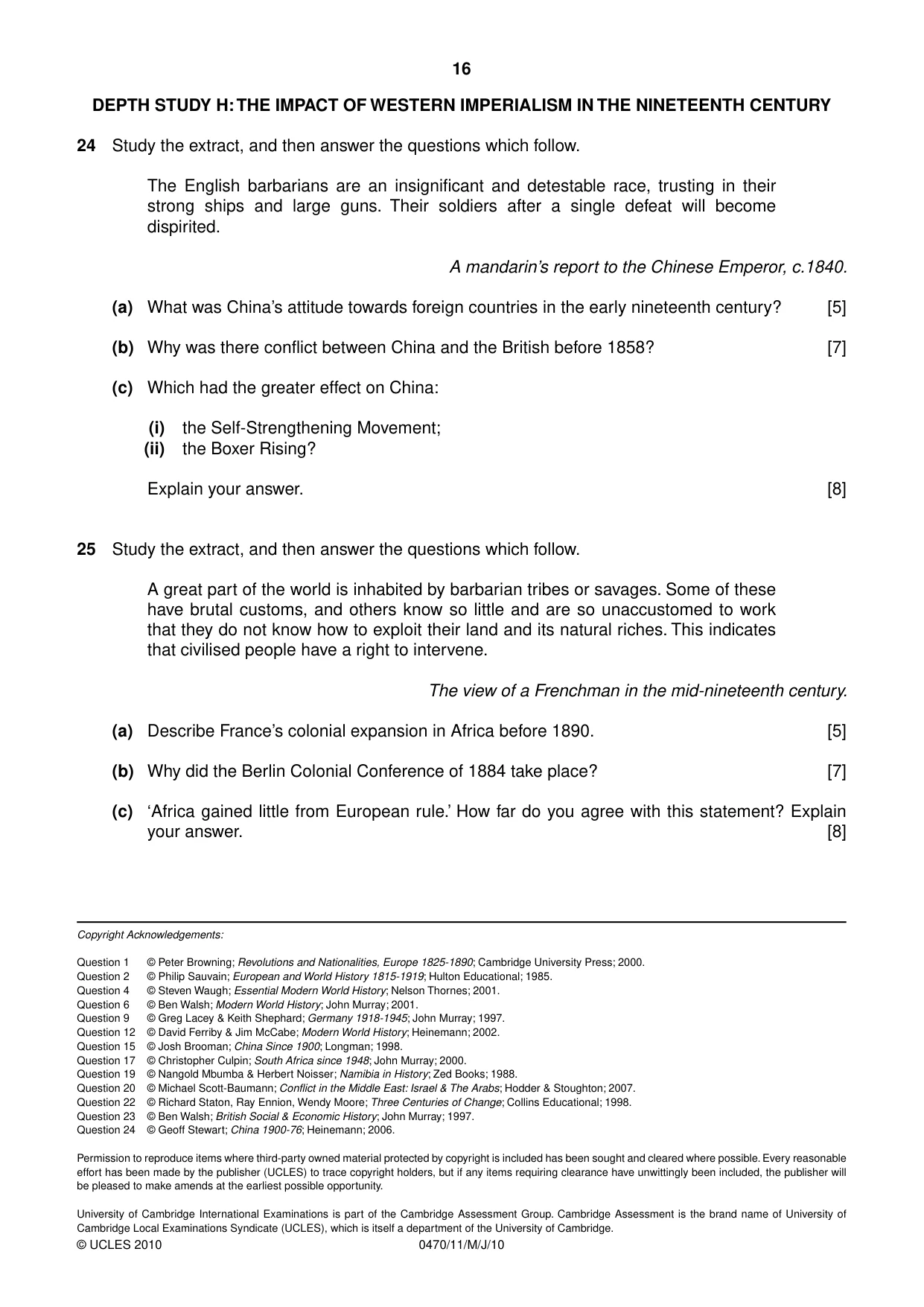 Cambridge IGCSE History 0470 2010 May/June Paper 1 · Variant 1 question paper, page 16 of 16