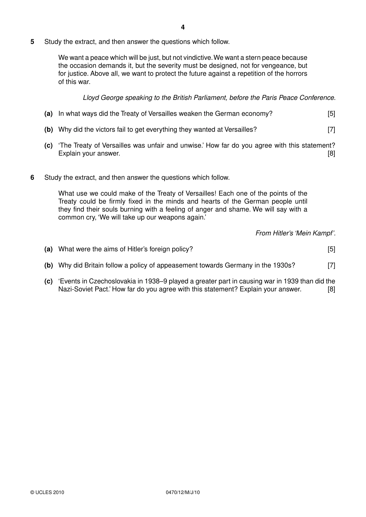 Cambridge IGCSE History 0470 2010 May/June Paper 1 · Variant 2 question paper, page 4 of 16