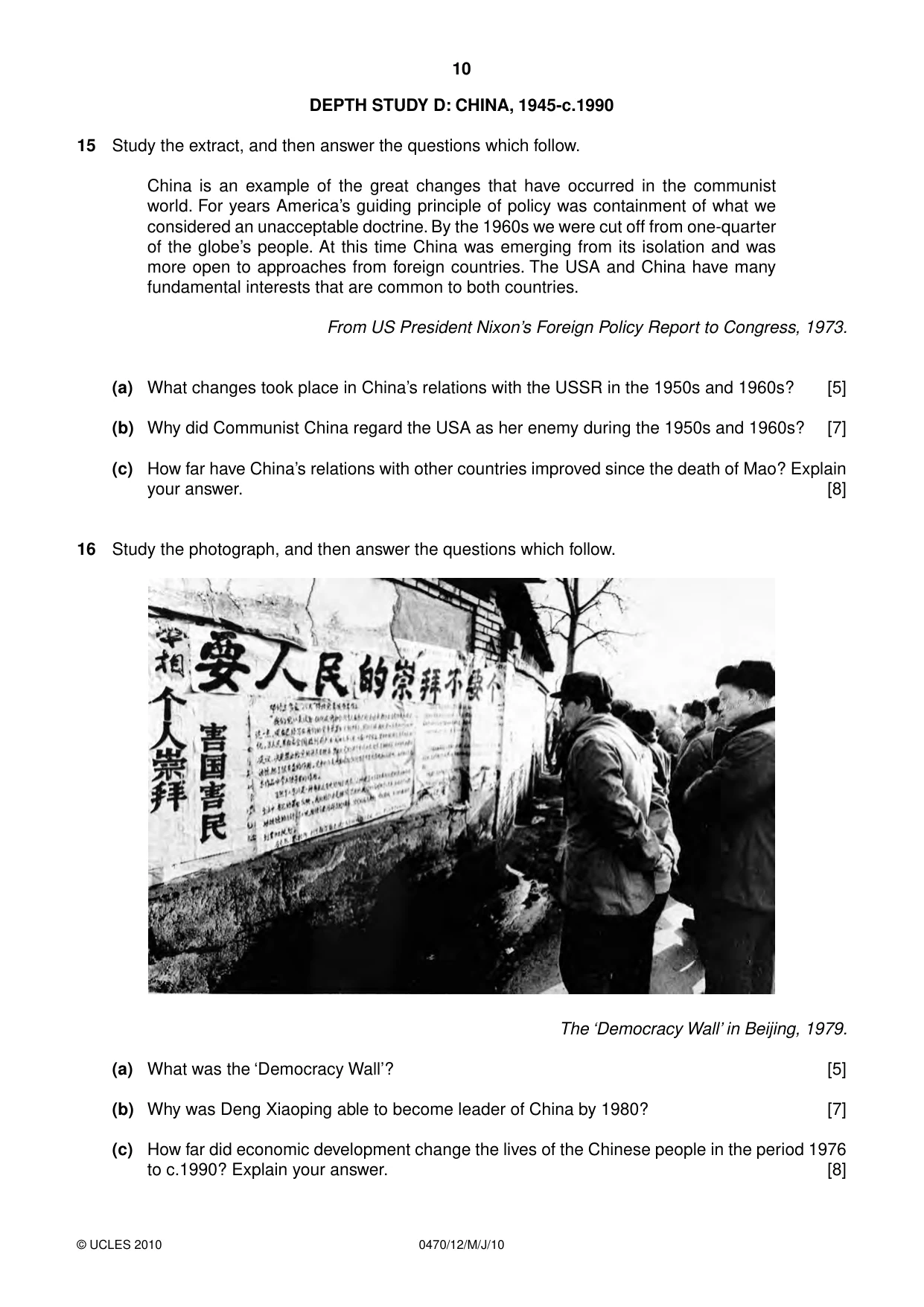 Cambridge IGCSE History 0470 2010 May/June Paper 1 · Variant 2 question paper, page 10 of 16