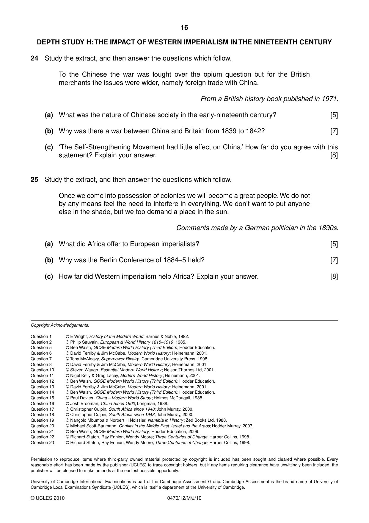 Cambridge IGCSE History 0470 2010 May/June Paper 1 · Variant 2 question paper, page 16 of 16