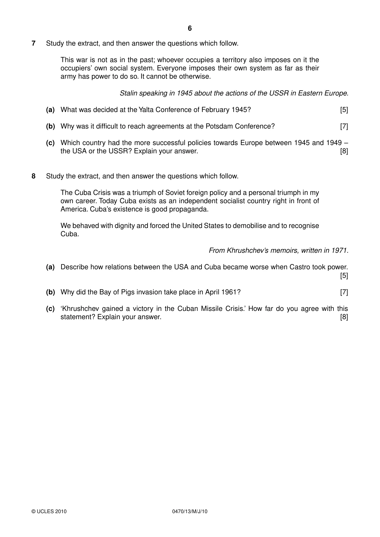 Cambridge IGCSE History 0470 2010 May/June Paper 1 · Variant 3 question paper, page 6 of 20