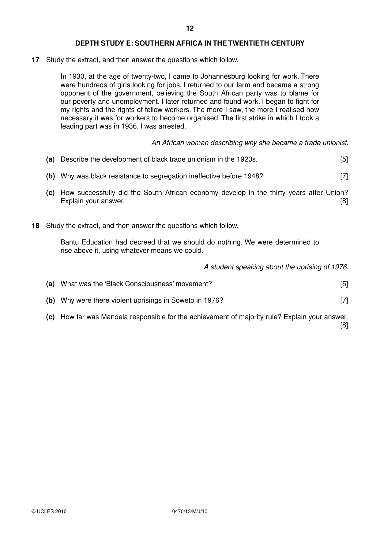 Cambridge IGCSE History 0470 2010 May/June Paper 1 · Variant 3 question paper, page 12 of 20