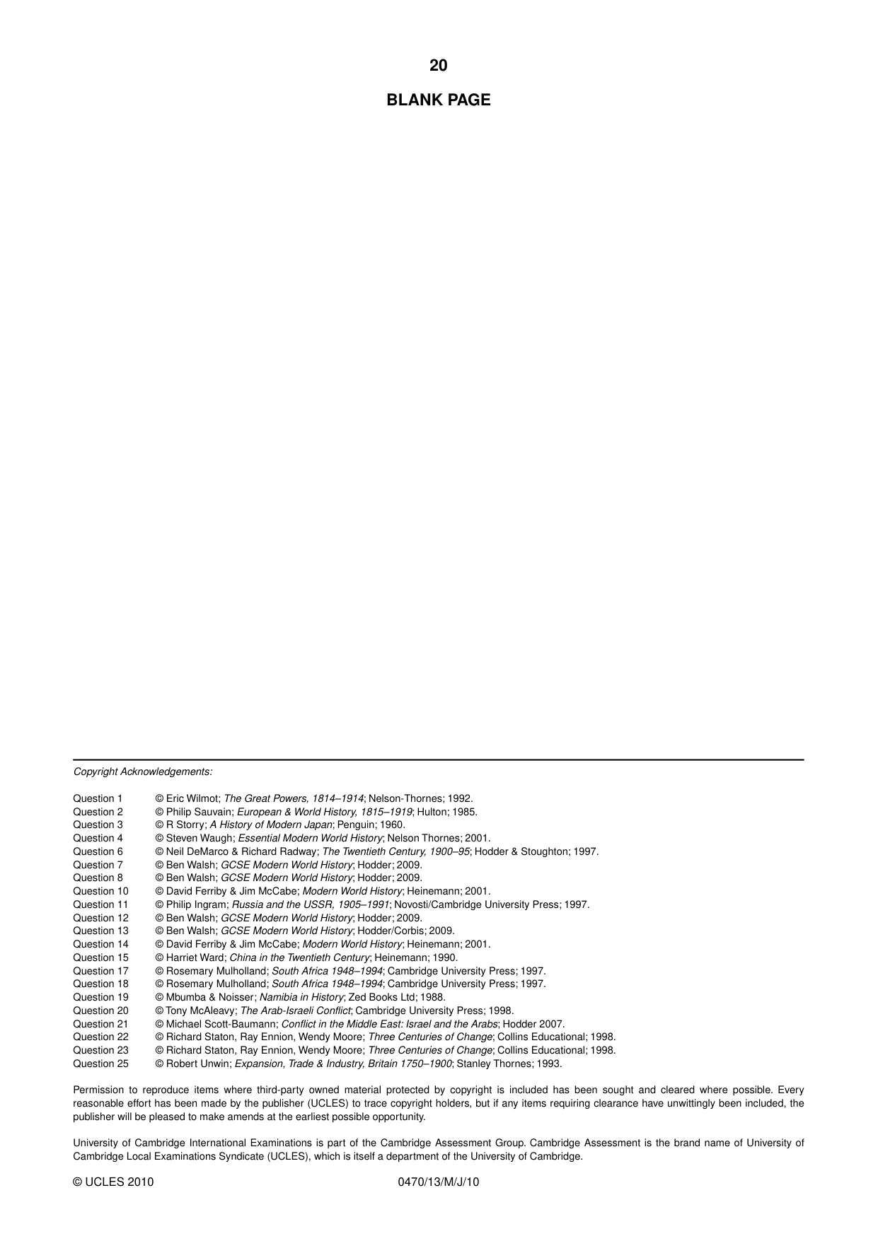 Cambridge IGCSE History 0470 2010 May/June Paper 1 · Variant 3 question paper, page 20 of 20