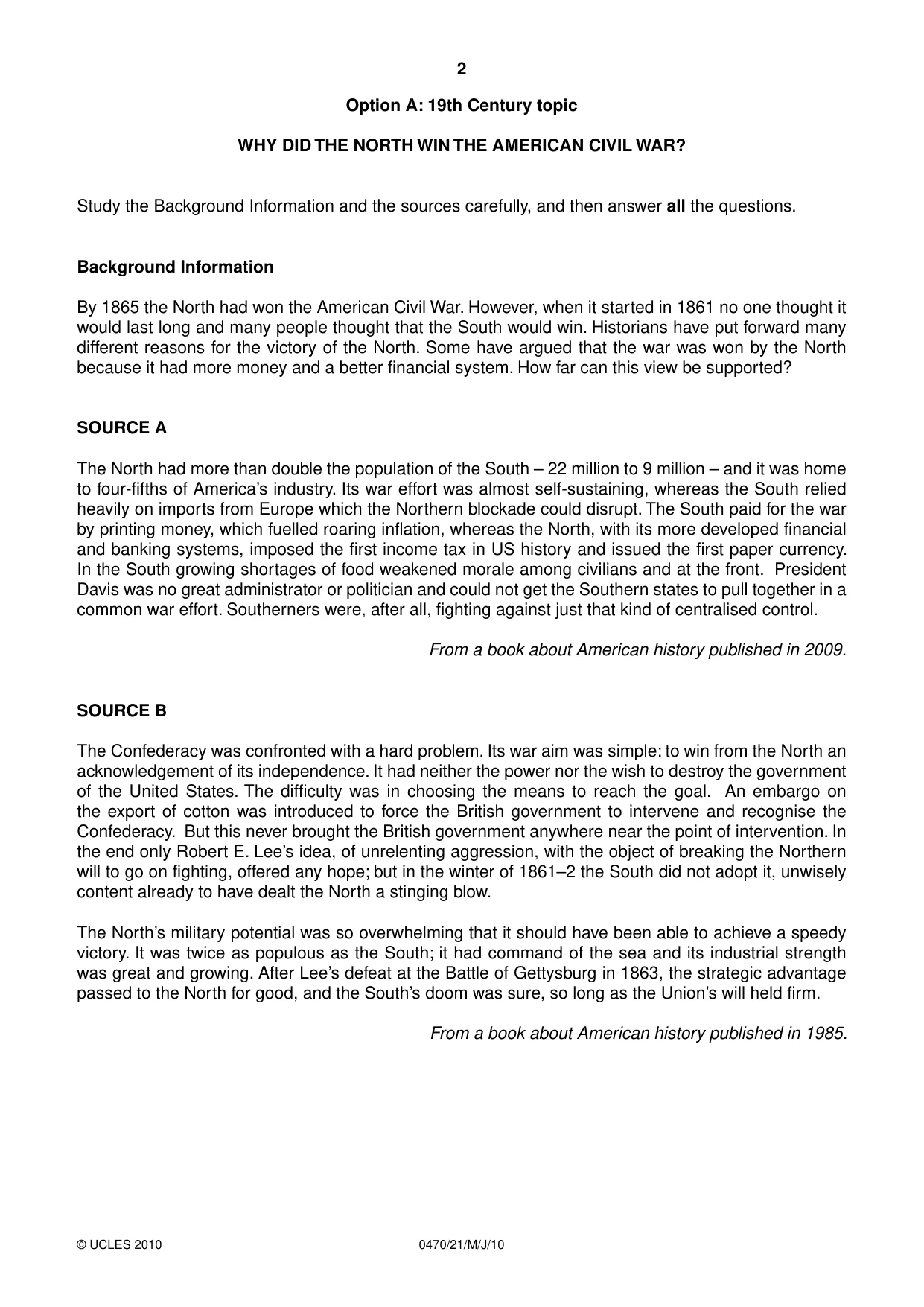 Cambridge IGCSE History 0470 2010 May/June Paper 2 · Variant 1 question paper, page 2 of 16
