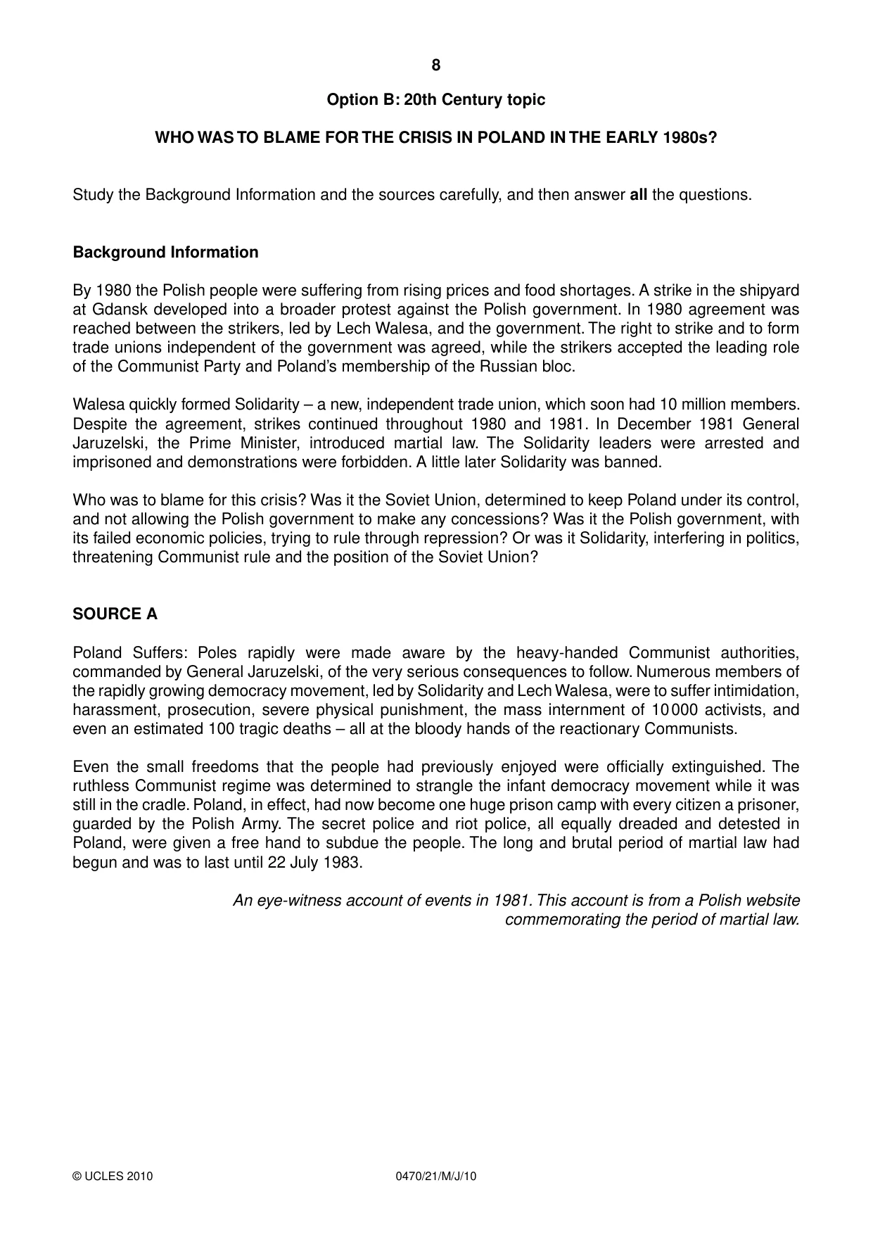 Cambridge IGCSE History 0470 2010 May/June Paper 2 · Variant 1 question paper, page 8 of 16