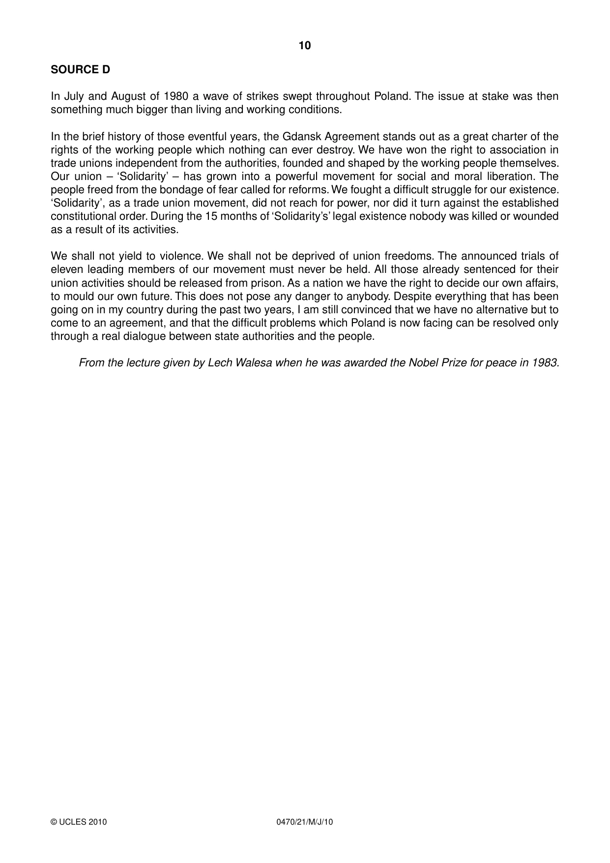 Cambridge IGCSE History 0470 2010 May/June Paper 2 · Variant 1 question paper, page 10 of 16
