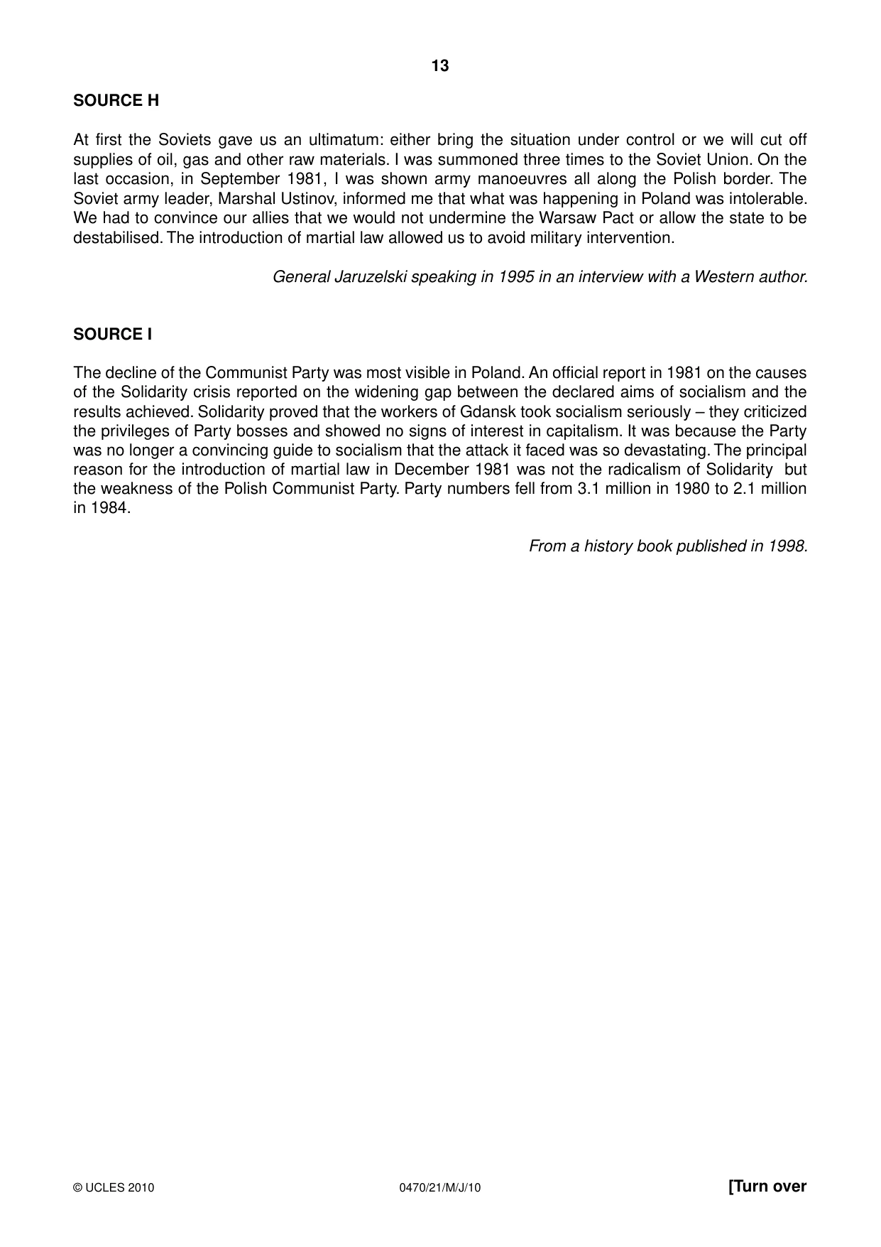 Cambridge IGCSE History 0470 2010 May/June Paper 2 · Variant 1 question paper, page 13 of 16