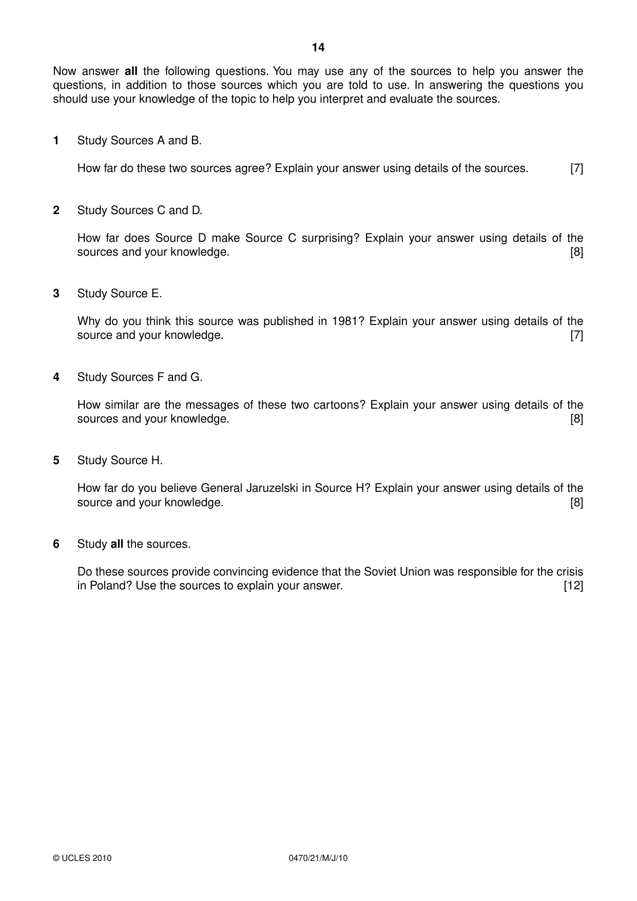 Cambridge IGCSE History 0470 2010 May/June Paper 2 · Variant 1 question paper, page 14 of 16