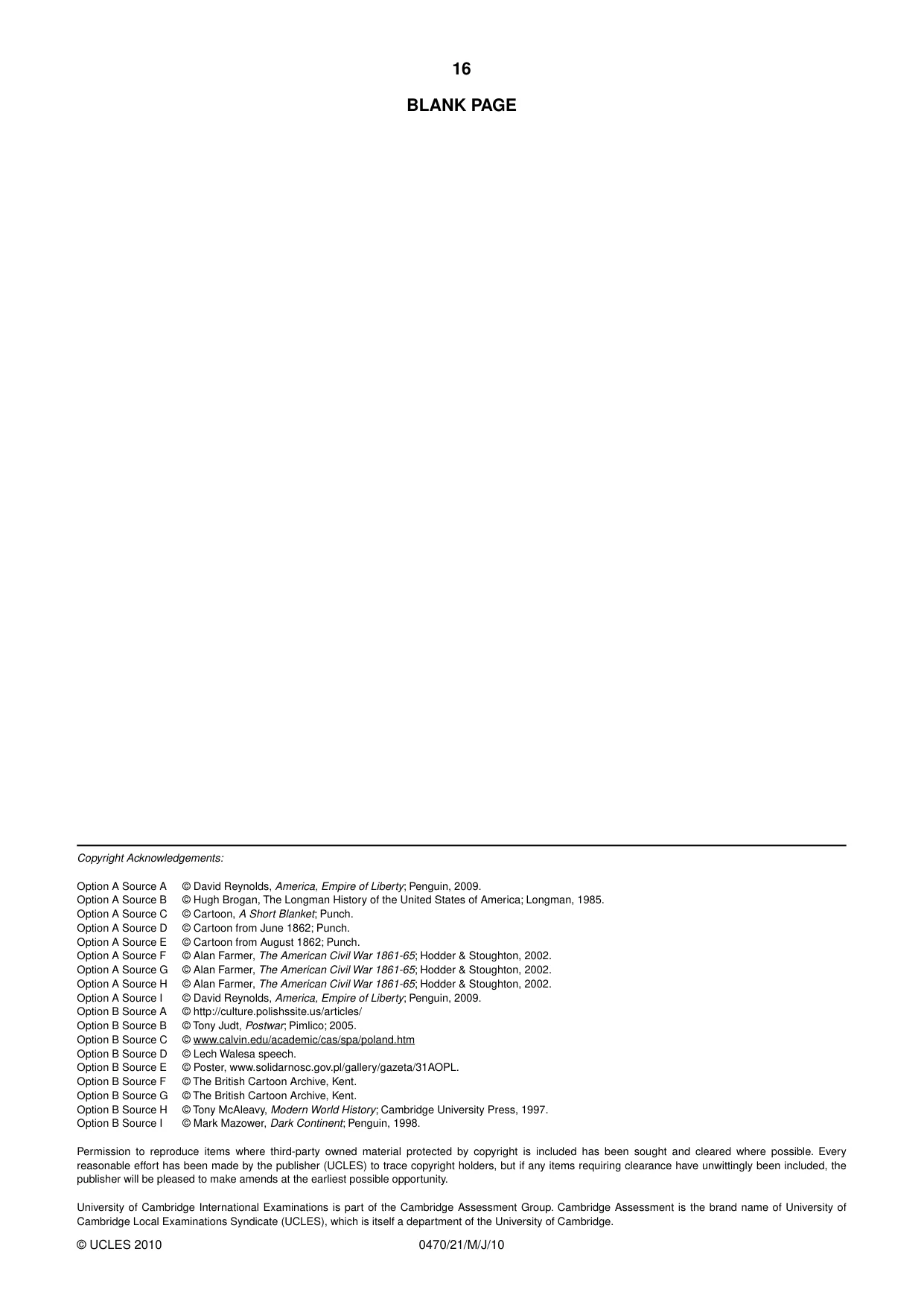 Cambridge IGCSE History 0470 2010 May/June Paper 2 · Variant 1 question paper, page 16 of 16