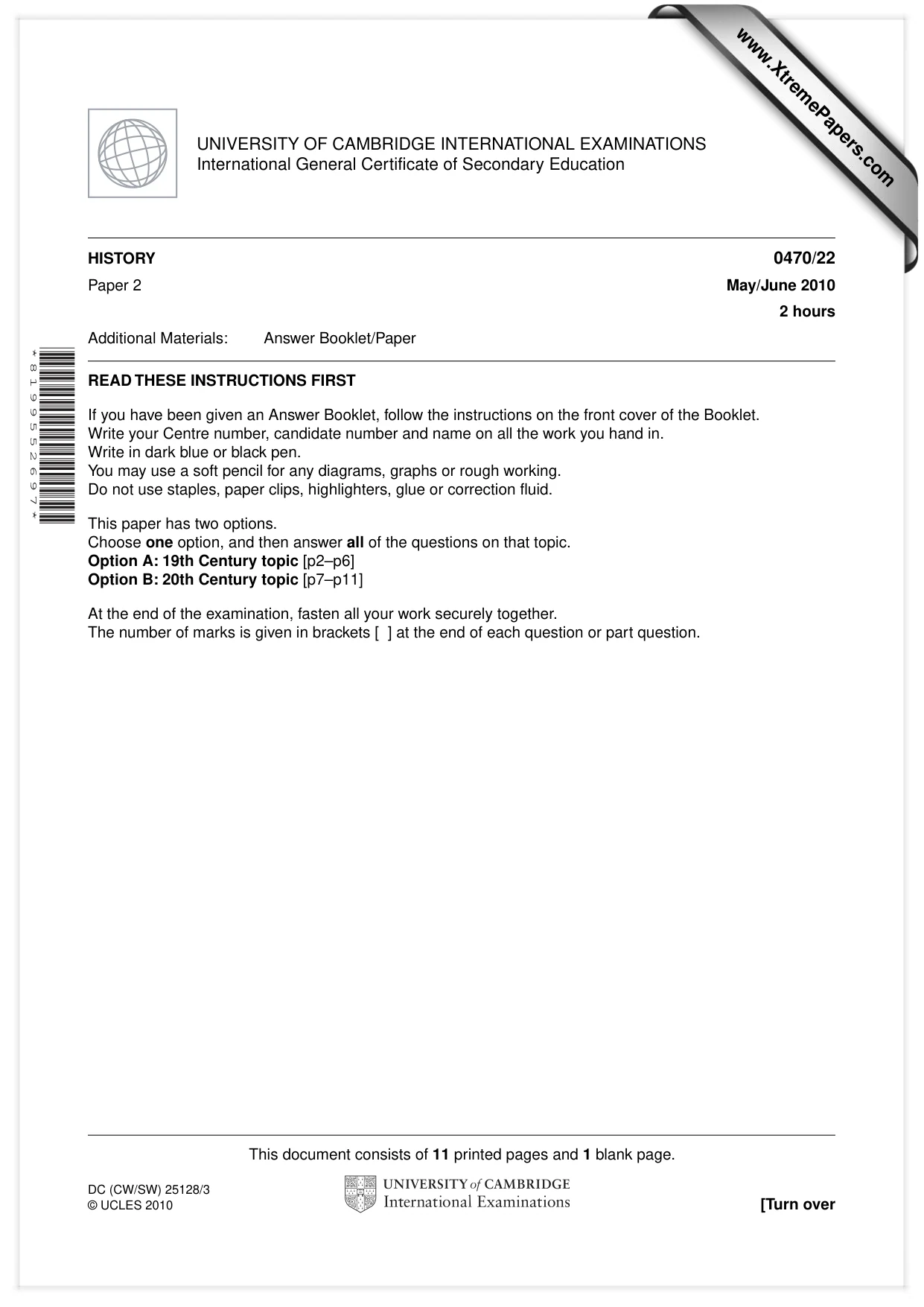 Cambridge IGCSE History 0470 2010 May/June Paper 2 · Variant 2 question paper, page 1 of 12