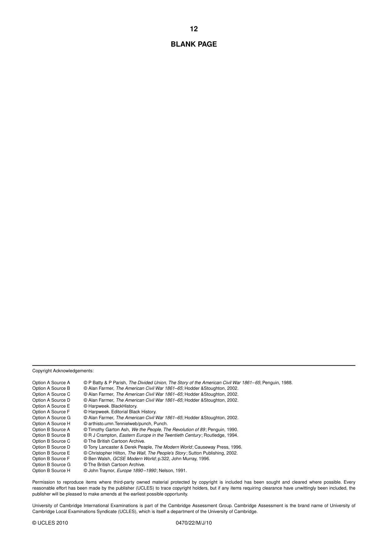 Cambridge IGCSE History 0470 2010 May/June Paper 2 · Variant 2 question paper, page 12 of 12