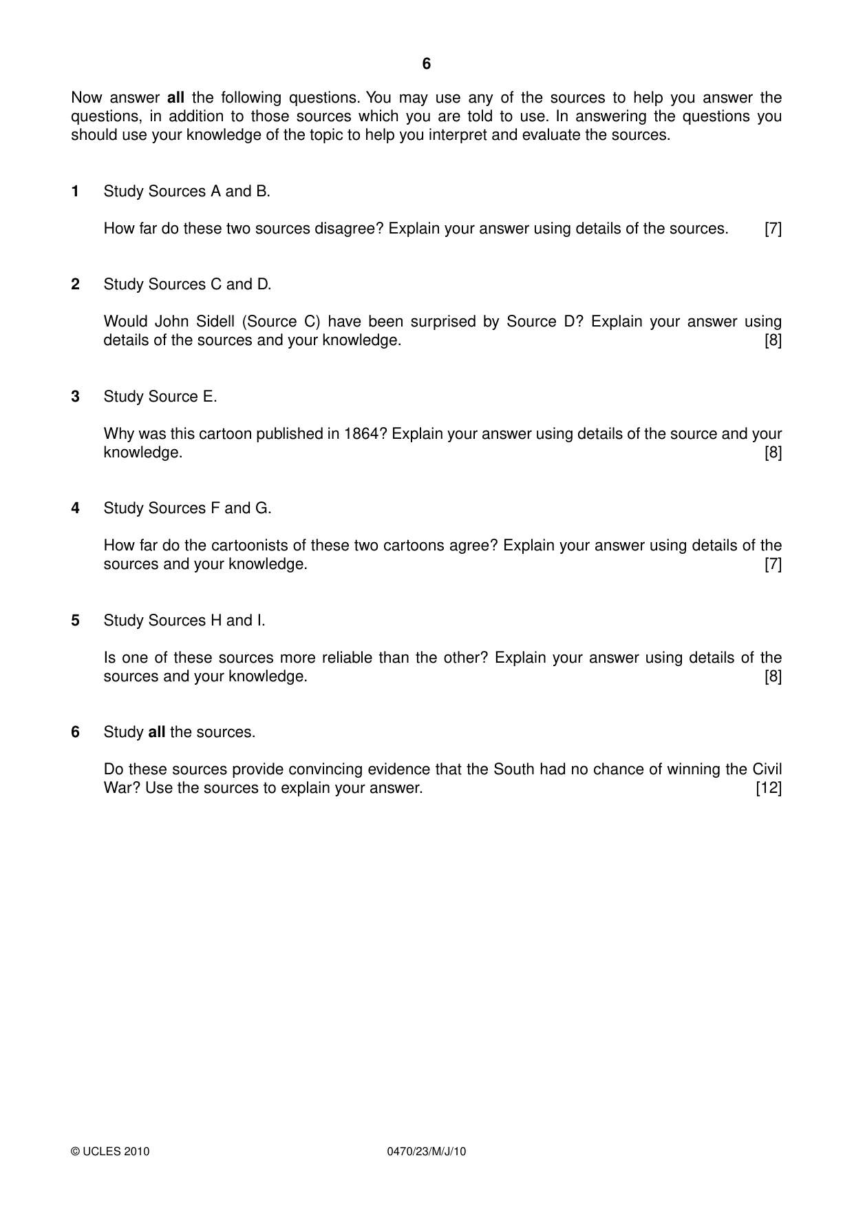 Cambridge IGCSE History 0470 2010 May/June Paper 2 · Variant 3 question paper, page 6 of 12