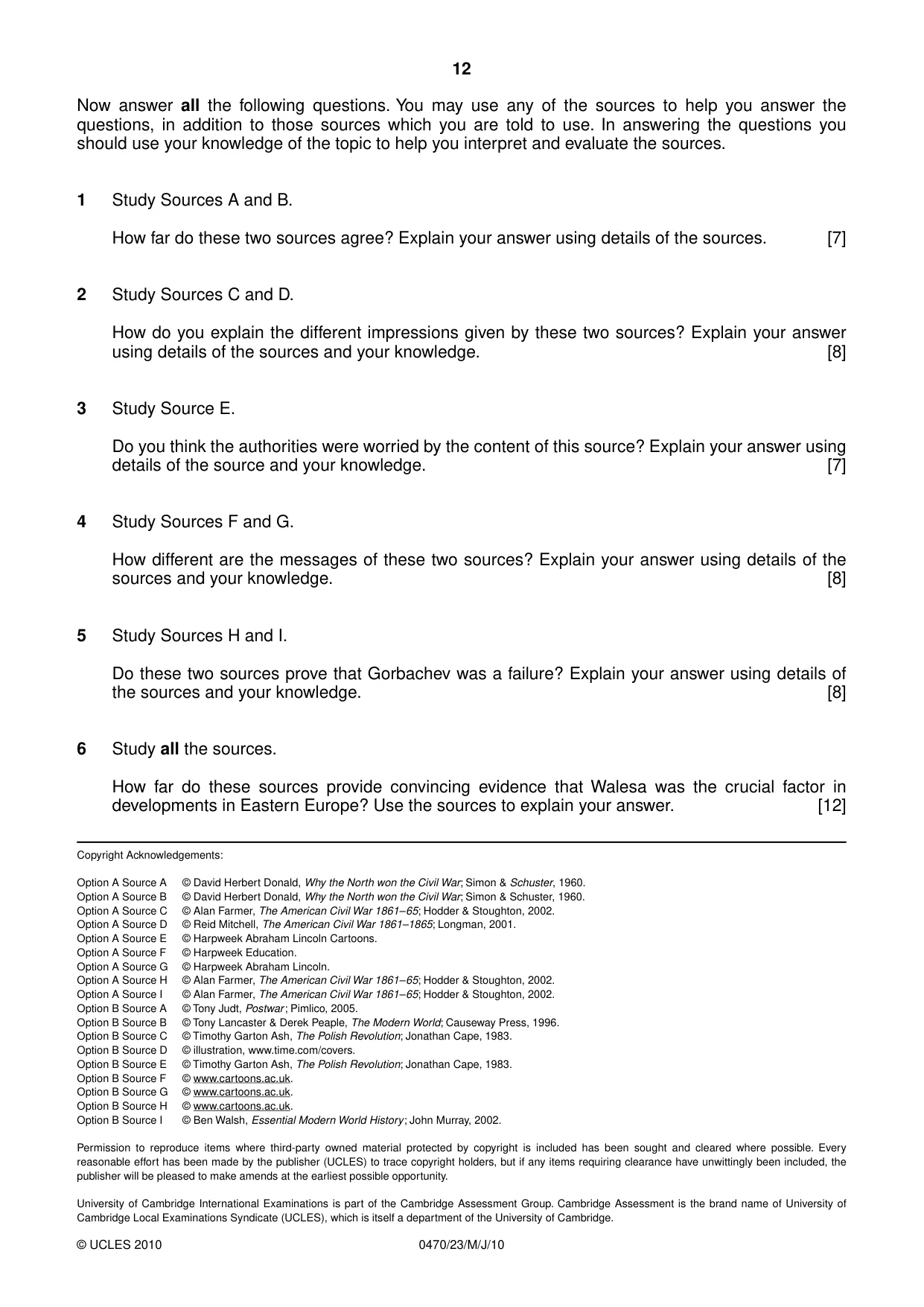 Cambridge IGCSE History 0470 2010 May/June Paper 2 · Variant 3 question paper, page 12 of 12