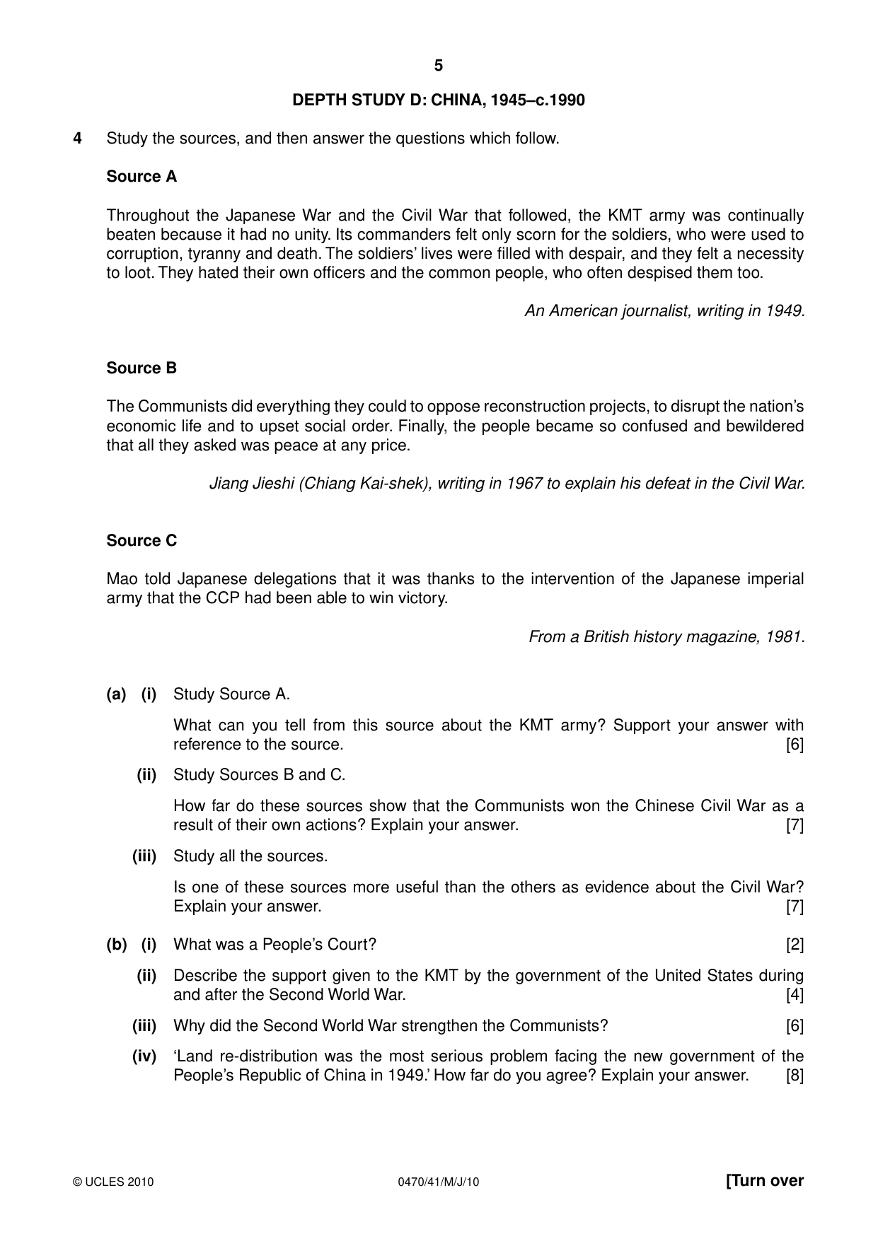 Cambridge IGCSE History 0470 2010 May/June Paper 4 · Variant 1 question paper, page 5 of 12