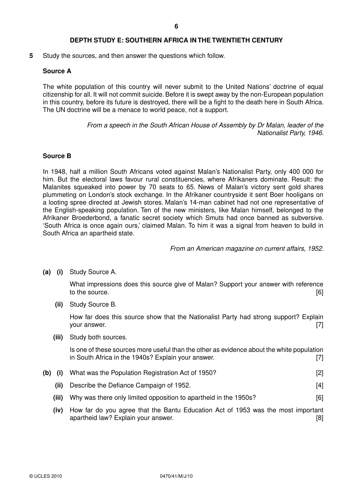 Cambridge IGCSE History 0470 2010 May/June Paper 4 · Variant 1 question paper, page 6 of 12