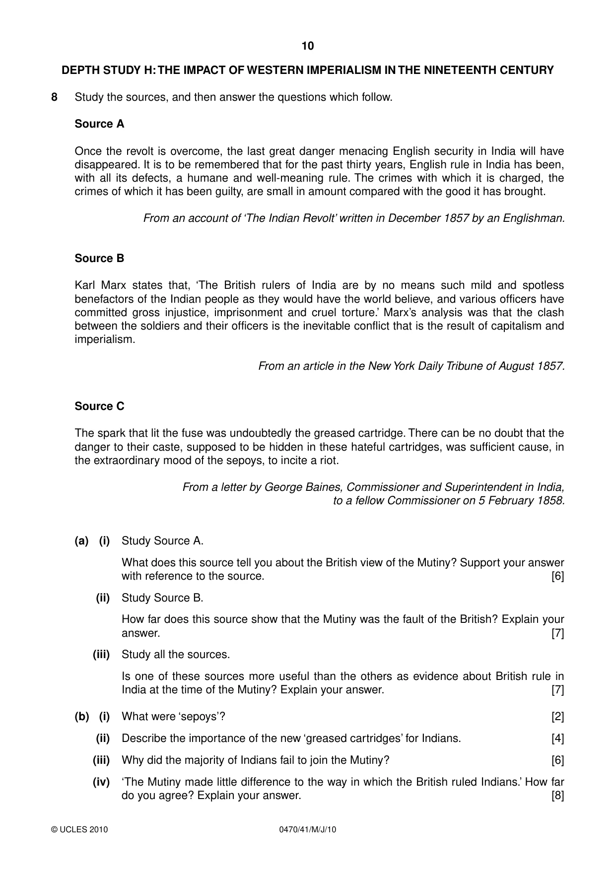 Cambridge IGCSE History 0470 2010 May/June Paper 4 · Variant 1 question paper, page 10 of 12