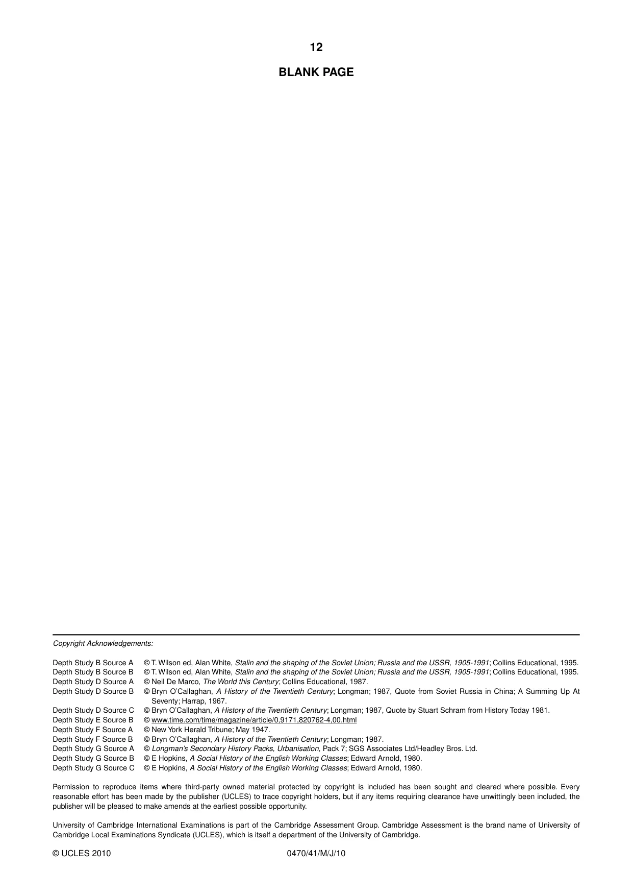 Cambridge IGCSE History 0470 2010 May/June Paper 4 · Variant 1 question paper, page 12 of 12