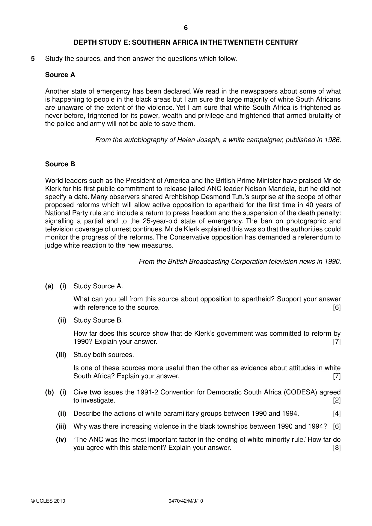 Cambridge IGCSE History 0470 2010 May/June Paper 4 · Variant 2 question paper, page 6 of 12