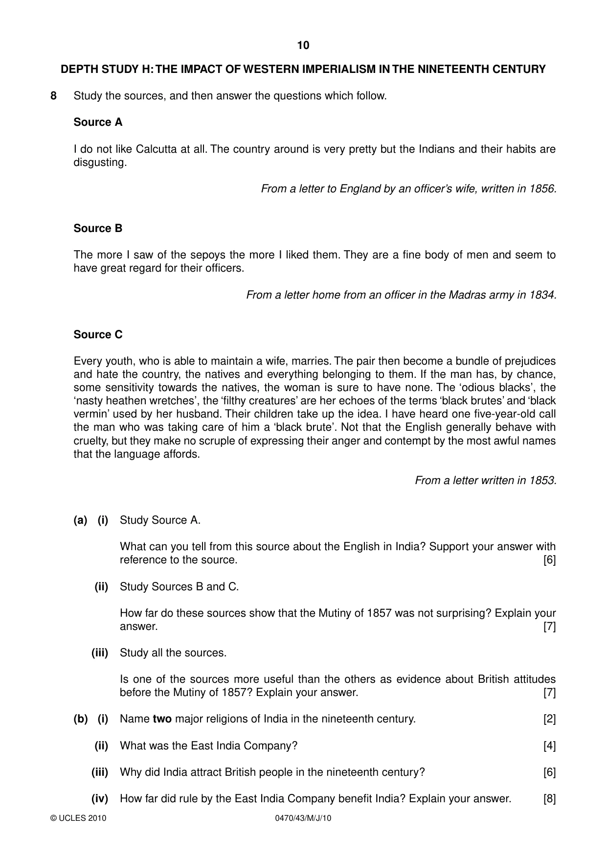 Cambridge IGCSE History 0470 2010 May/June Paper 4 · Variant 3 question paper, page 10 of 12