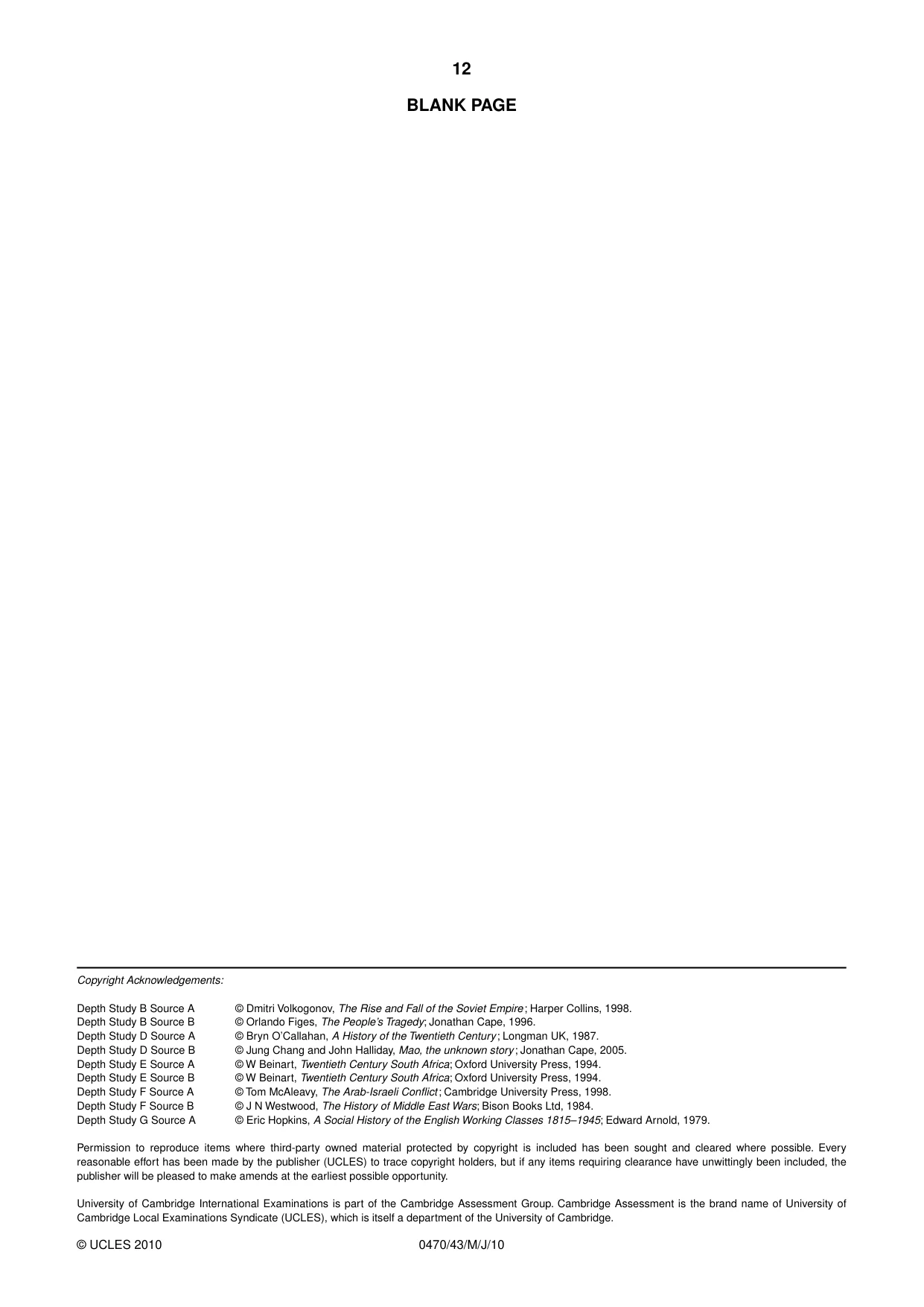 Cambridge IGCSE History 0470 2010 May/June Paper 4 · Variant 3 question paper, page 12 of 12