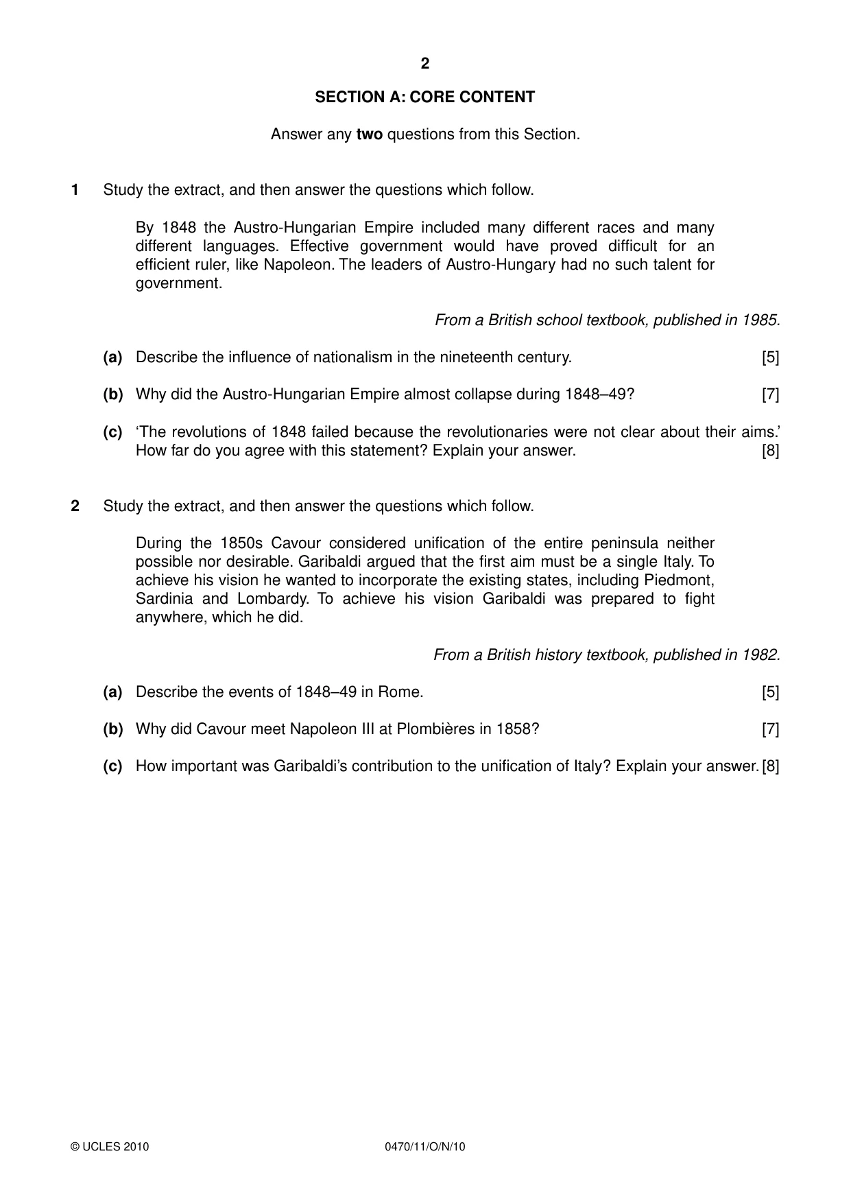 Cambridge IGCSE History 0470 2010 Oct/Nov Paper 1 · Variant 1 question paper, page 2 of 20
