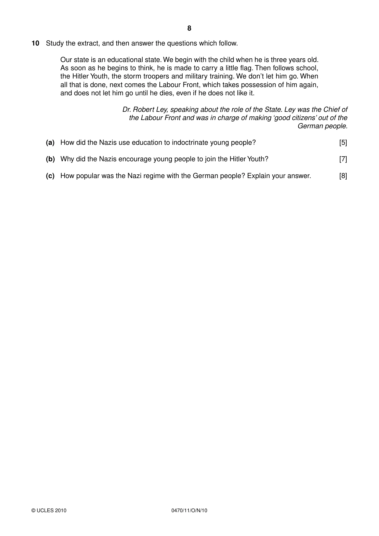 Cambridge IGCSE History 0470 2010 Oct/Nov Paper 1 · Variant 1 question paper, page 8 of 20