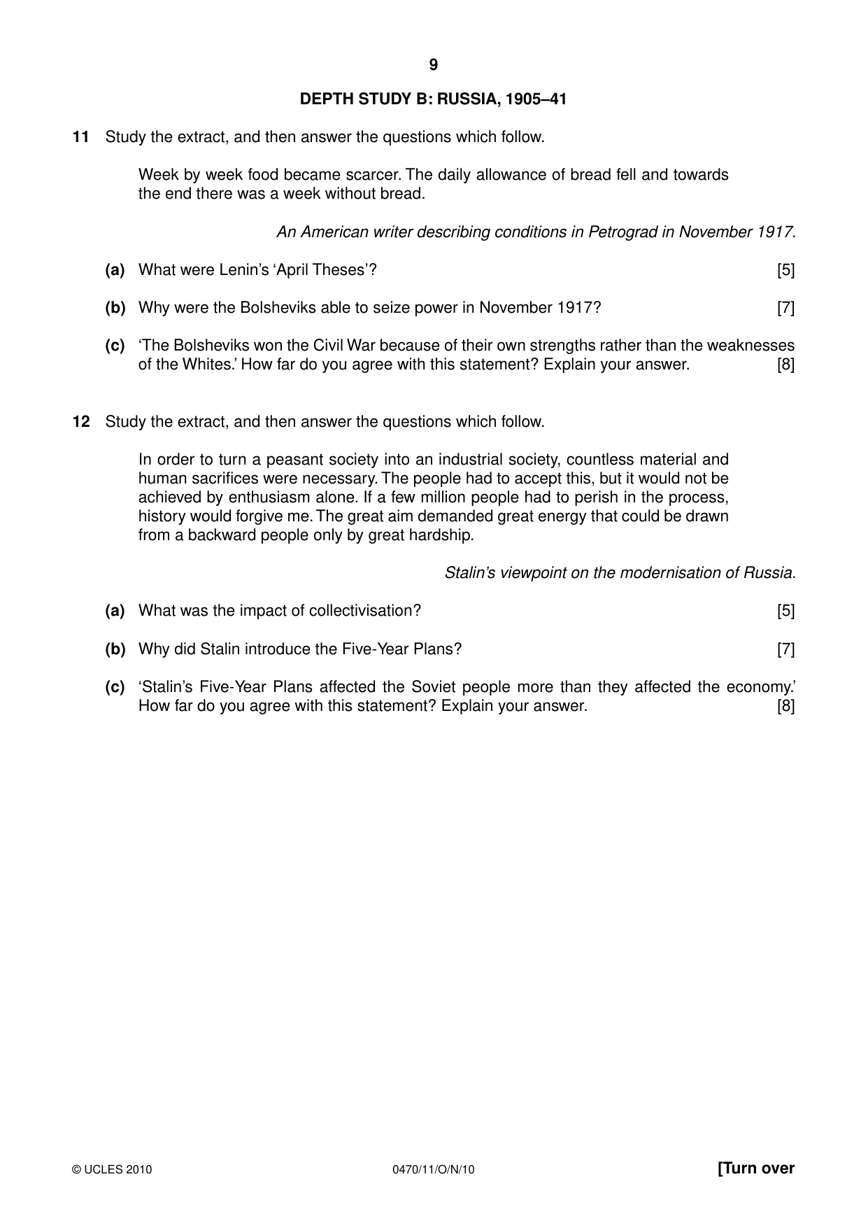 Cambridge IGCSE History 0470 2010 Oct/Nov Paper 1 · Variant 1 question paper, page 9 of 20