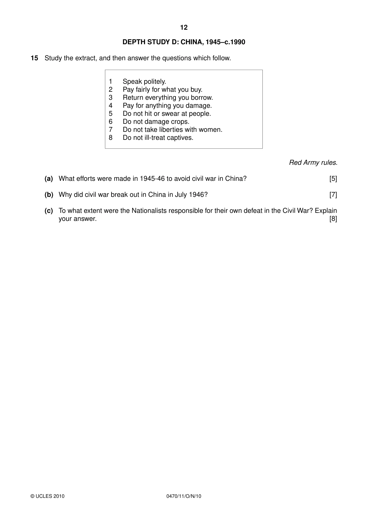 Cambridge IGCSE History 0470 2010 Oct/Nov Paper 1 · Variant 1 question paper, page 12 of 20