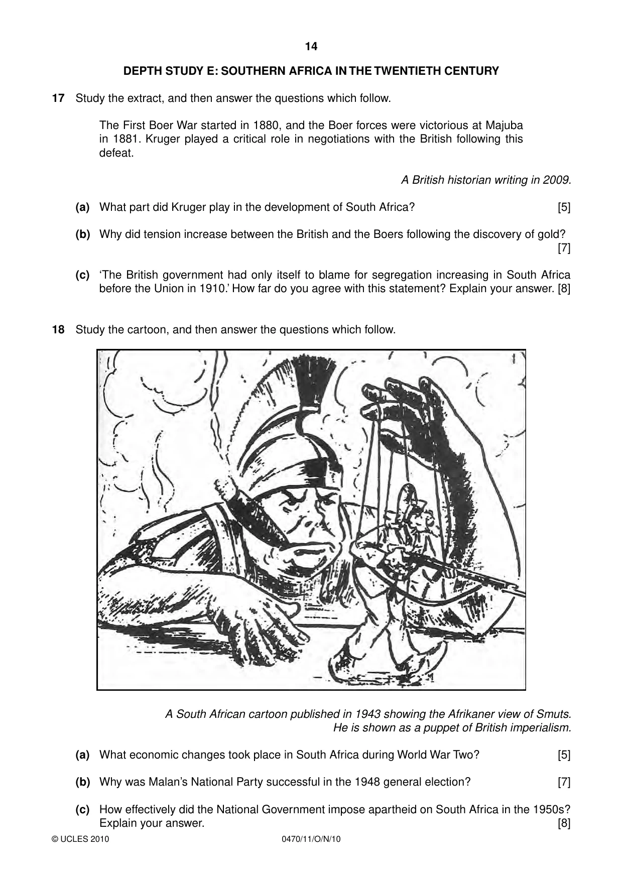 Cambridge IGCSE History 0470 2010 Oct/Nov Paper 1 · Variant 1 question paper, page 14 of 20