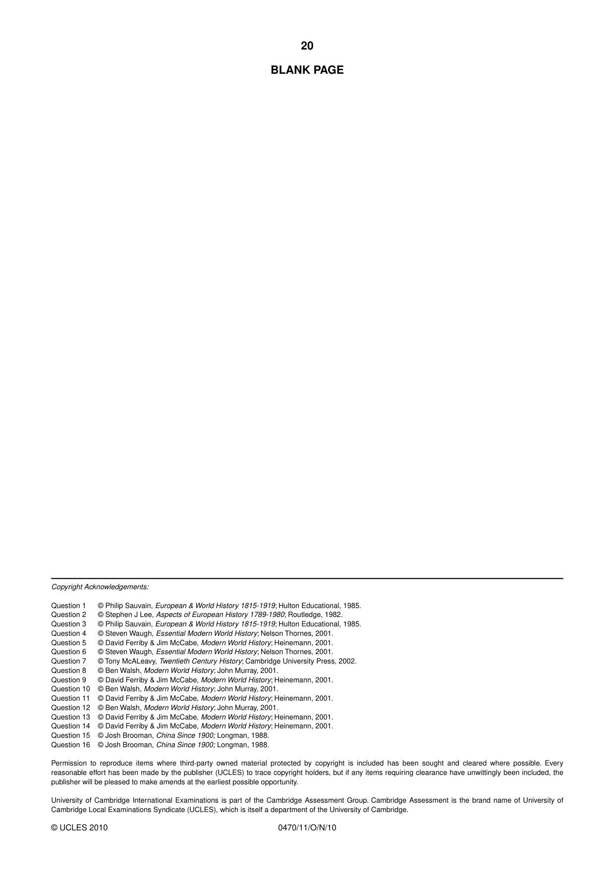 Cambridge IGCSE History 0470 2010 Oct/Nov Paper 1 · Variant 1 question paper, page 20 of 20