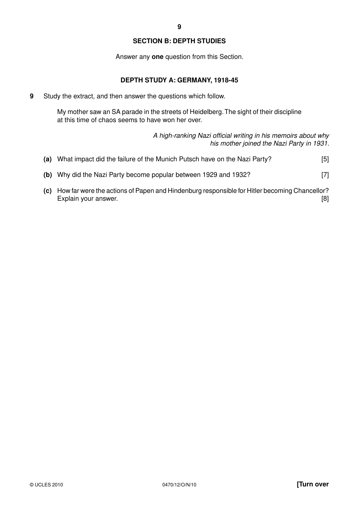 Cambridge IGCSE History 0470 2010 Oct/Nov Paper 1 · Variant 2 question paper, page 9 of 24