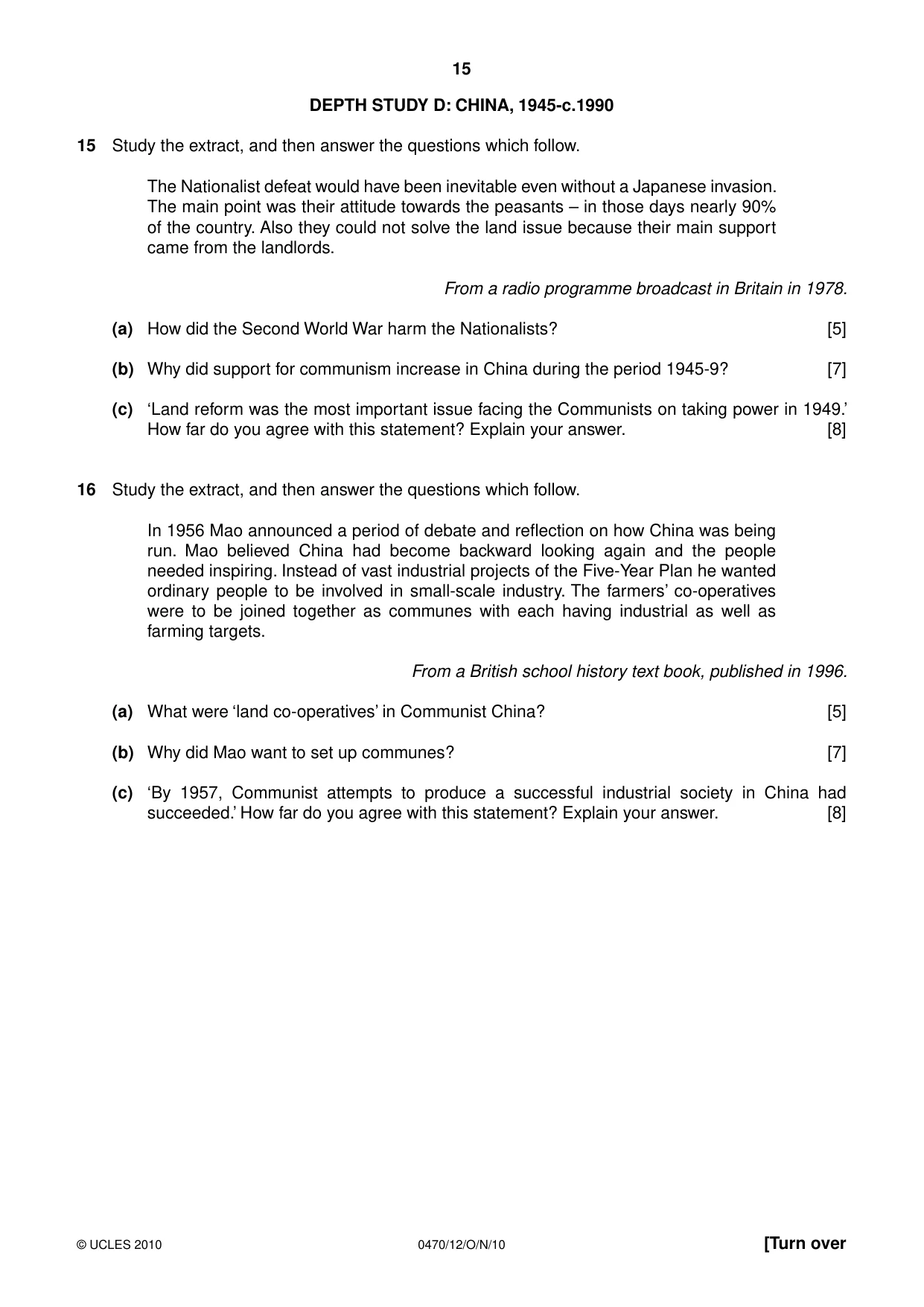 Cambridge IGCSE History 0470 2010 Oct/Nov Paper 1 · Variant 2 question paper, page 15 of 24
