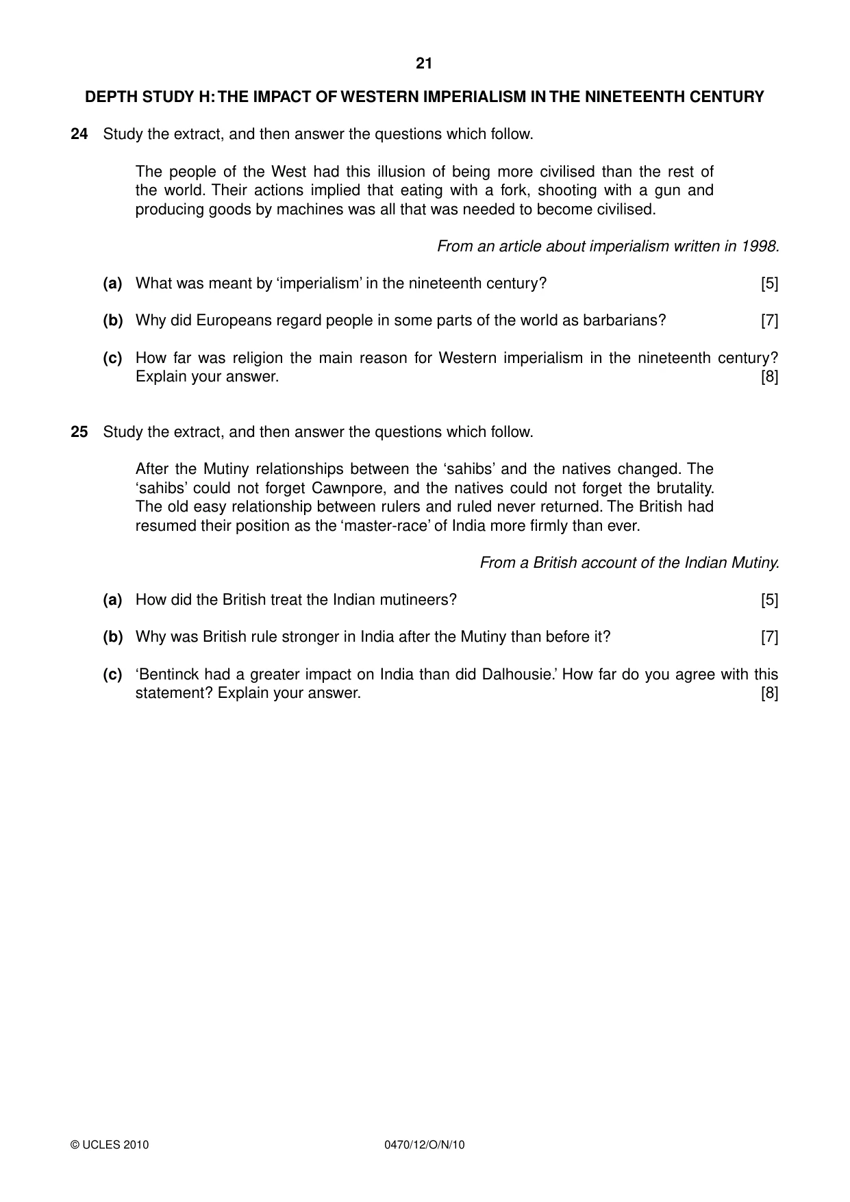 Cambridge IGCSE History 0470 2010 Oct/Nov Paper 1 · Variant 2 question paper, page 21 of 24
