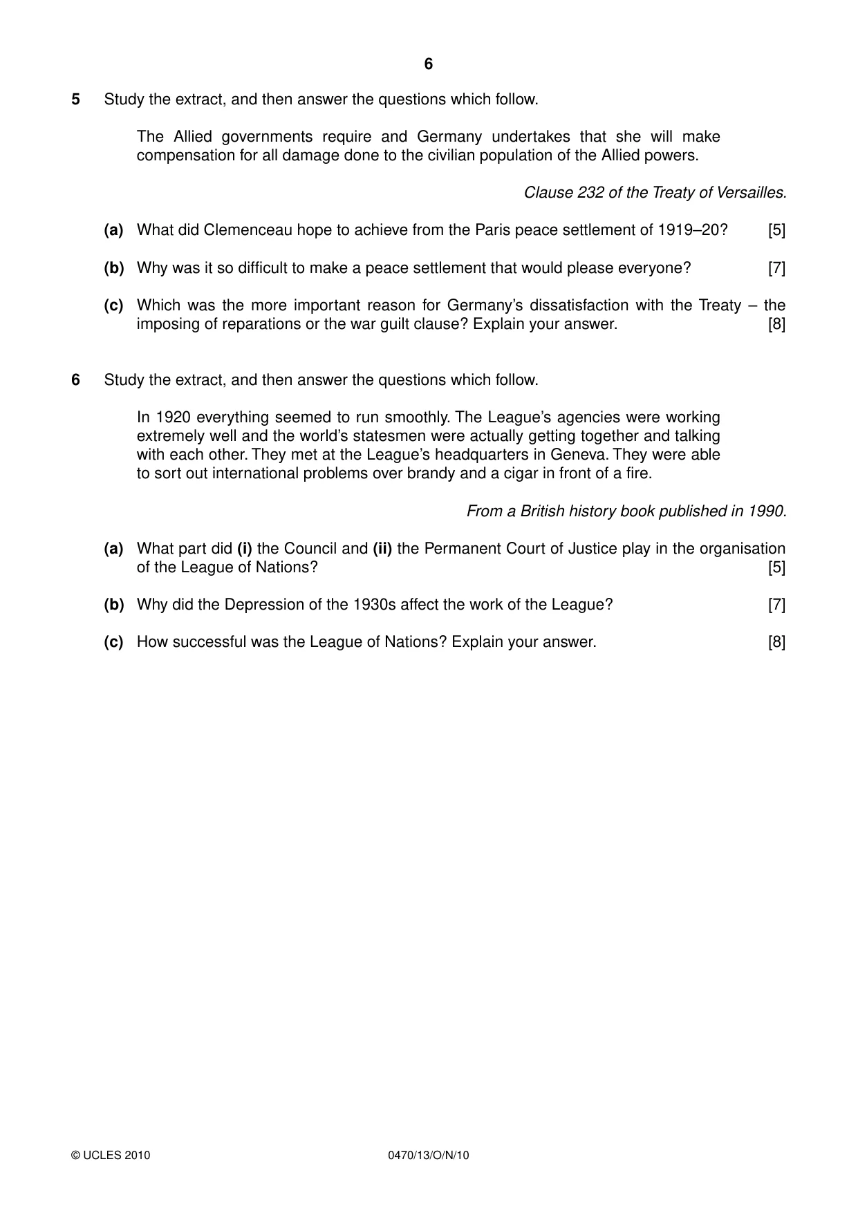 Cambridge IGCSE History 0470 2010 Oct/Nov Paper 1 · Variant 3 question paper, page 6 of 24