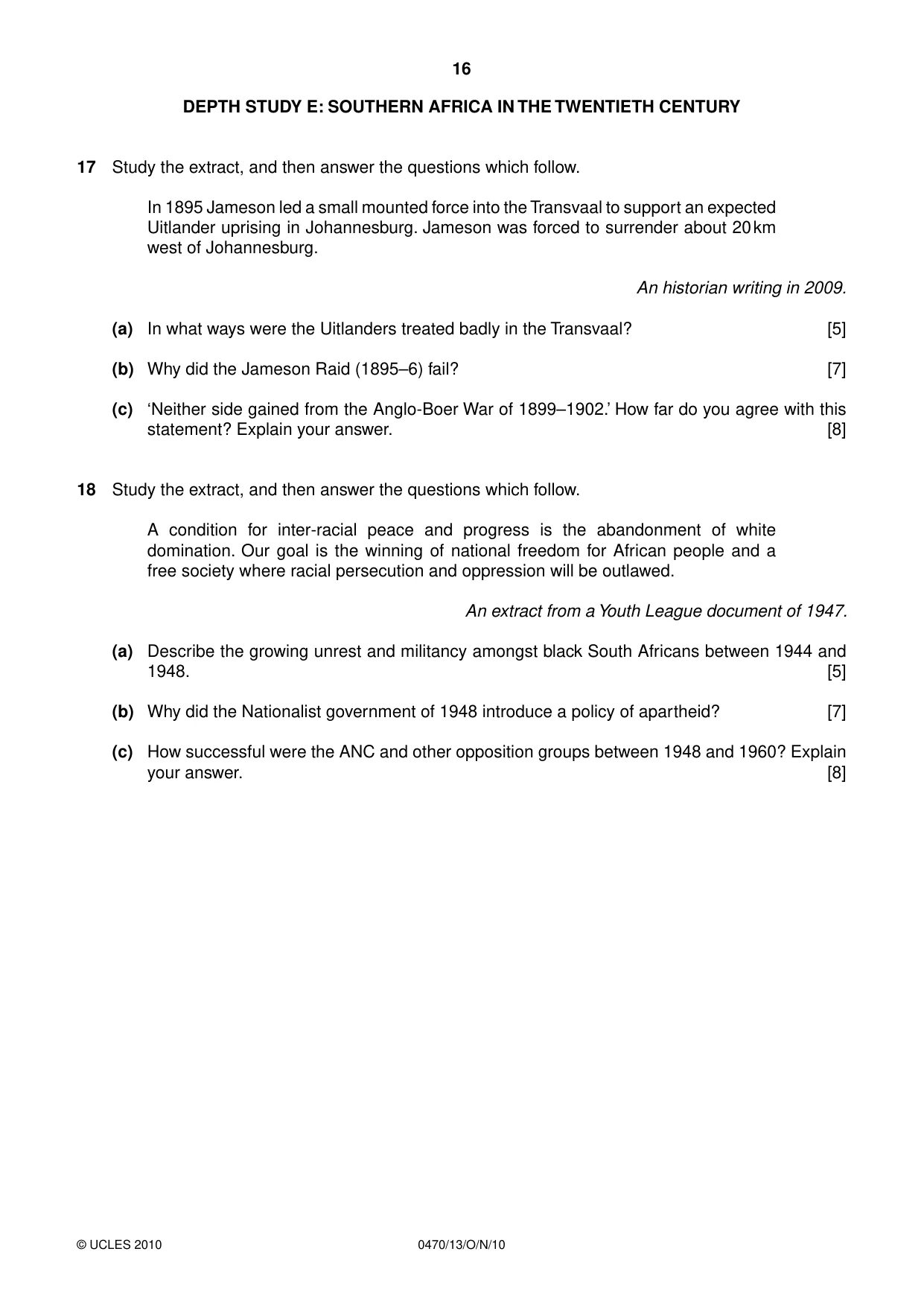 Cambridge IGCSE History 0470 2010 Oct/Nov Paper 1 · Variant 3 question paper, page 16 of 24