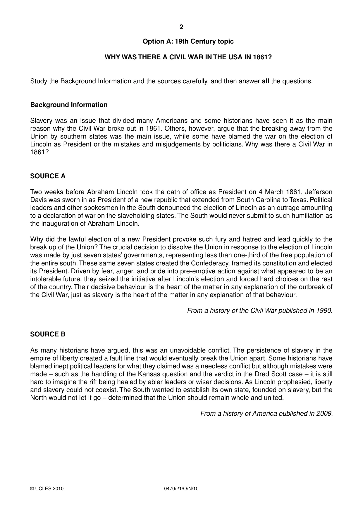 Cambridge IGCSE History 0470 2010 Oct/Nov Paper 2 · Variant 1 question paper, page 2 of 12