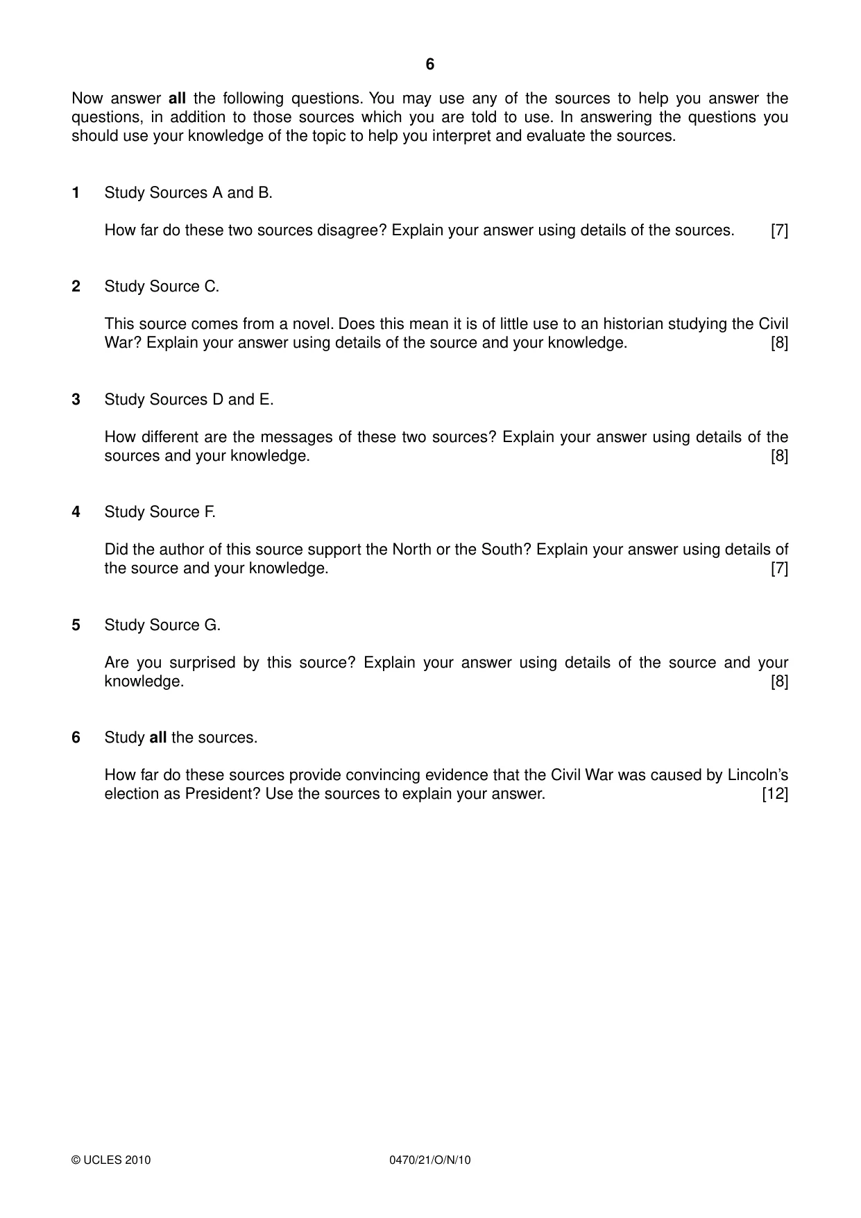 Cambridge IGCSE History 0470 2010 Oct/Nov Paper 2 · Variant 1 question paper, page 6 of 12