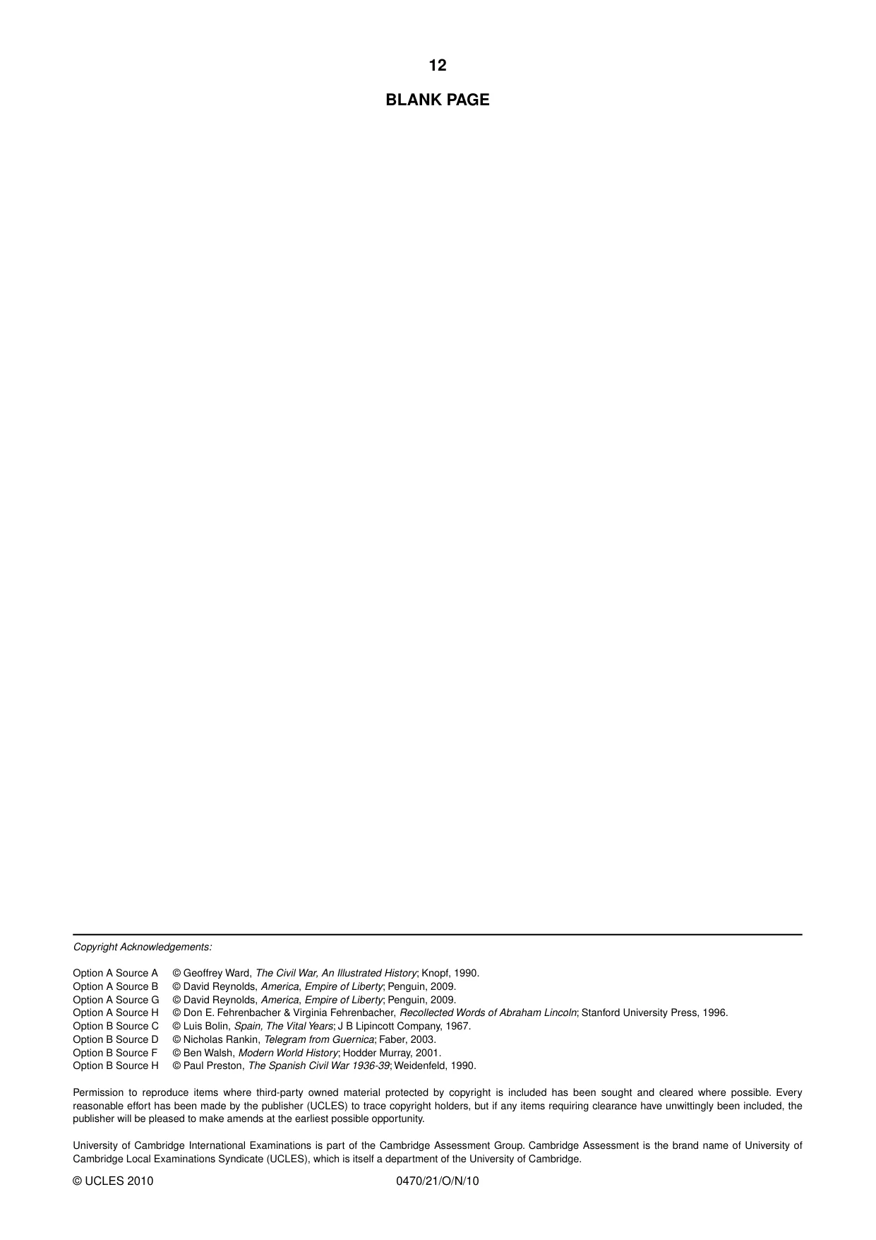 Cambridge IGCSE History 0470 2010 Oct/Nov Paper 2 · Variant 1 question paper, page 12 of 12