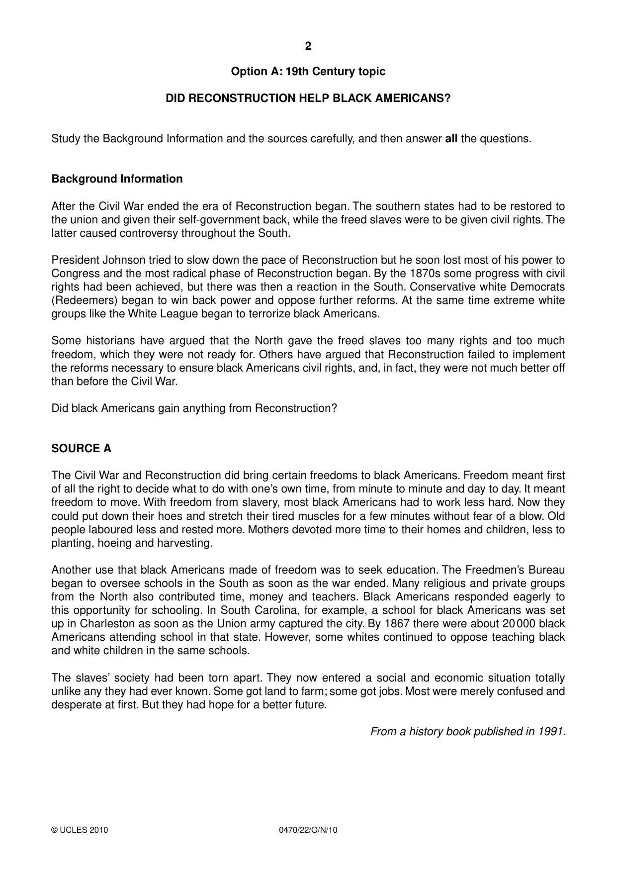 Cambridge IGCSE History 0470 2010 Oct/Nov Paper 2 · Variant 2 question paper, page 2 of 16