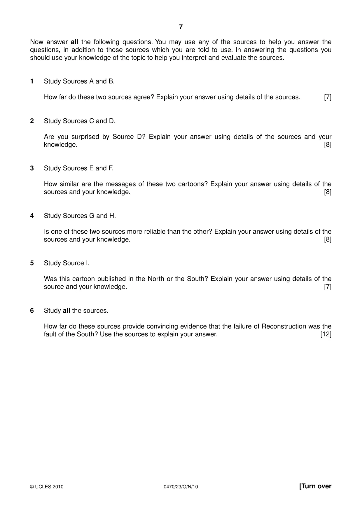 Cambridge IGCSE History 0470 2010 Oct/Nov Paper 2 · Variant 3 question paper, page 7 of 12