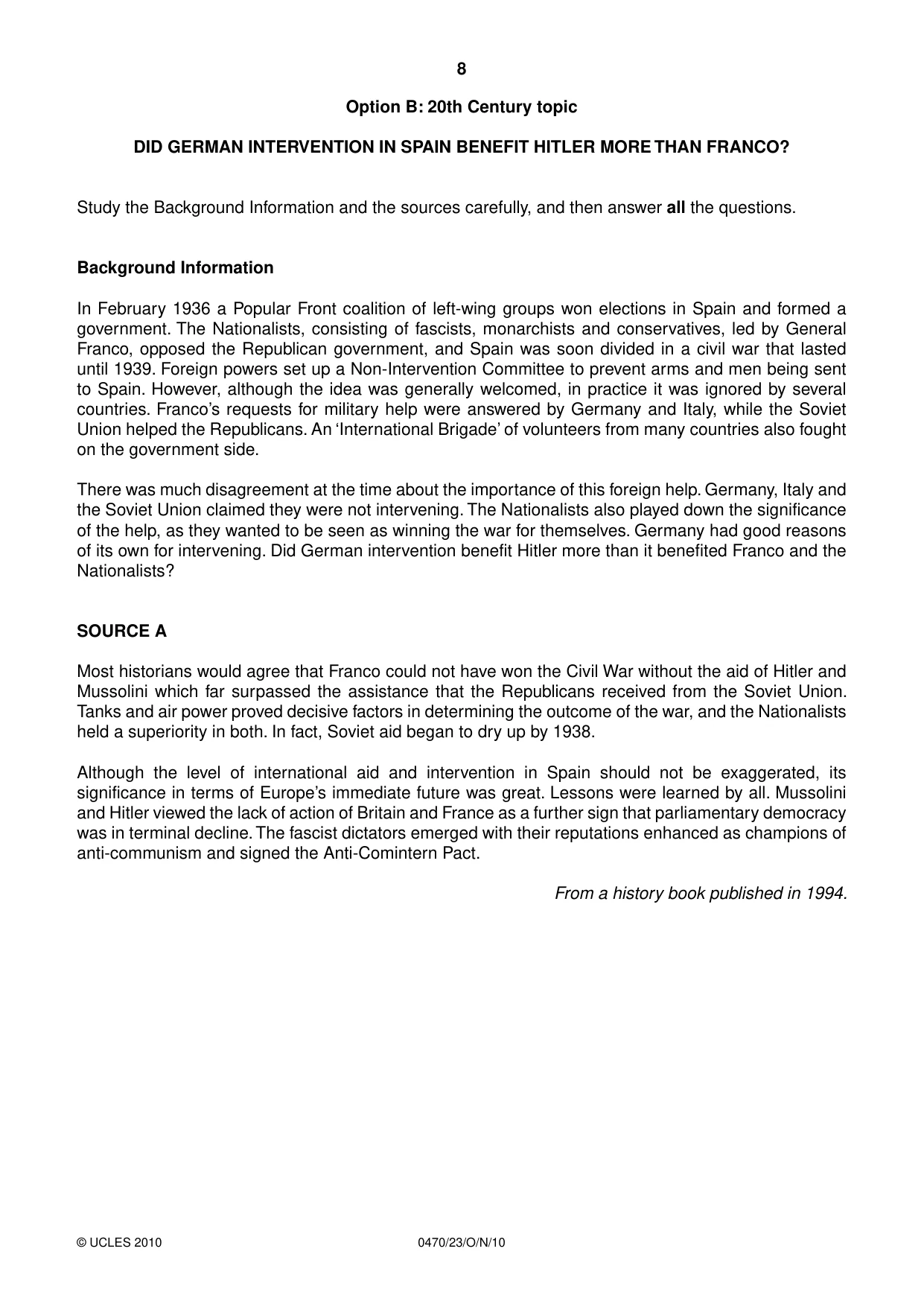 Cambridge IGCSE History 0470 2010 Oct/Nov Paper 2 · Variant 3 question paper, page 8 of 12