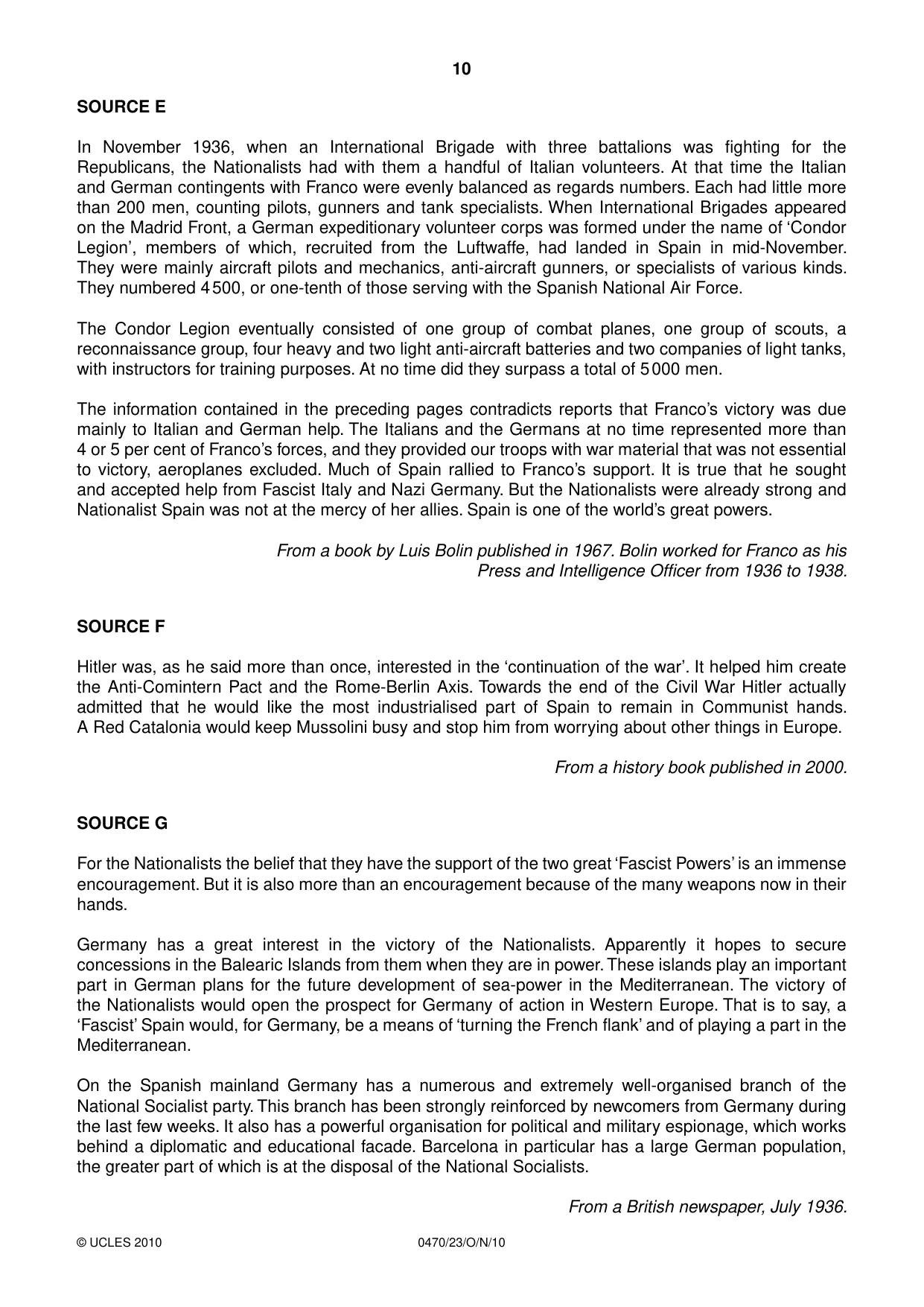 Cambridge IGCSE History 0470 2010 Oct/Nov Paper 2 · Variant 3 question paper, page 10 of 12